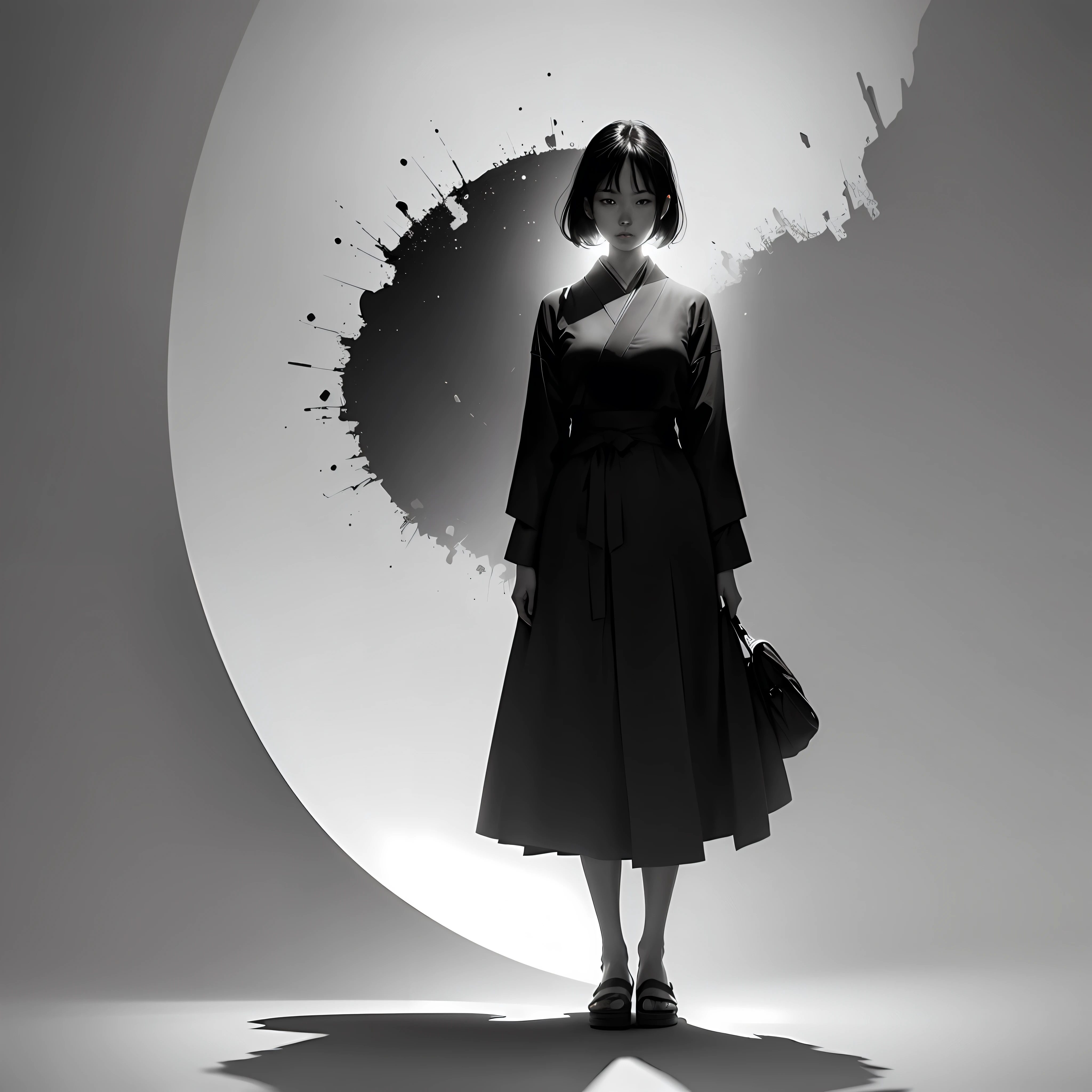 drawing of a japanese woman standing straight with white background, her face is visible, zoomed out, full body silhouette, abstract, contemporary aesthetic, grainy graphic style, 4d, 8k --auto