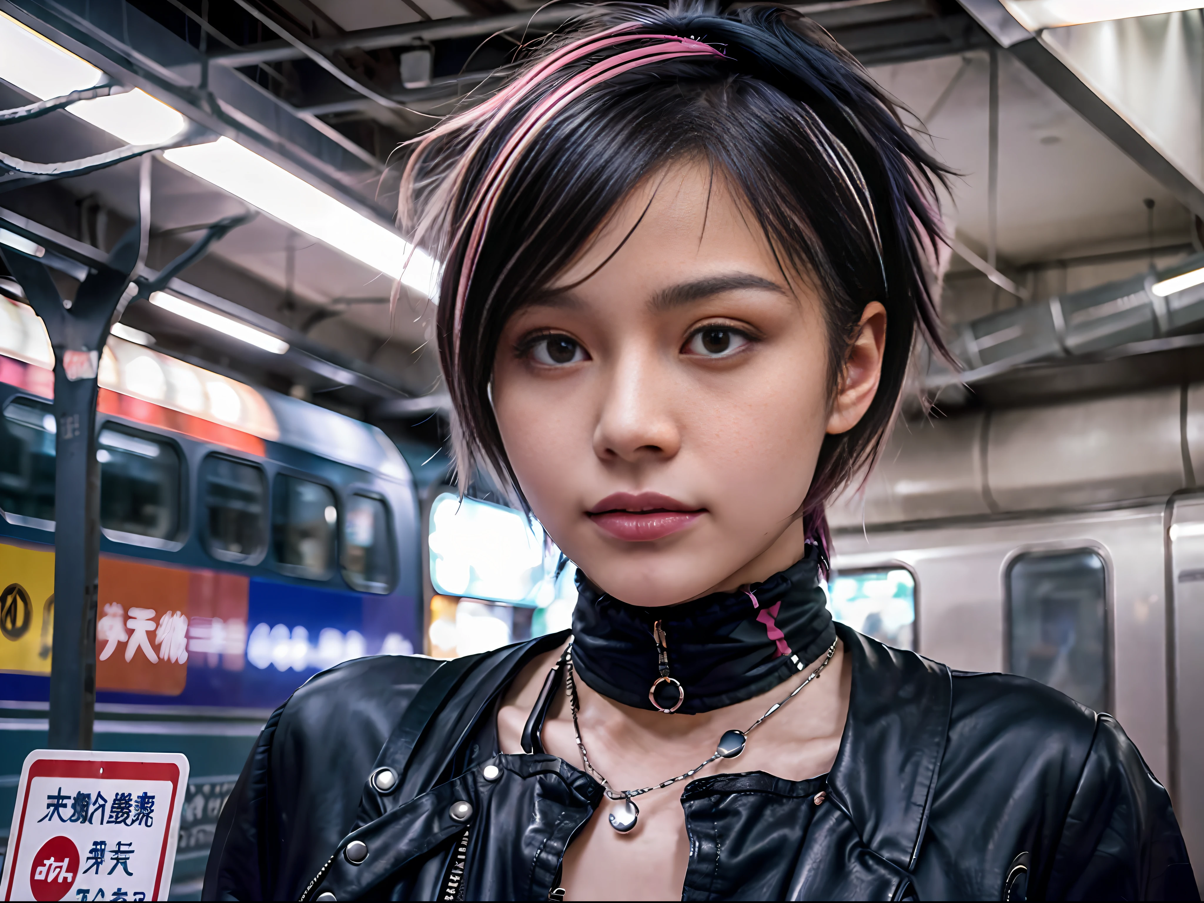 Medium format, Manomiya, soft color, film still, dynamic scene, narrow depth, cinestill 800T, sharp focus, professional photography masterpiece, street photographer shooting a punk cool girl with a fairly beautiful face details walking in the subway, a mixed-race beautiful girl with a model-like slender body, her deep facial features show a distinctive, unruly expression, with her sweet punk outfit, becoming the most conspicuous focus in the station, The subway passes behind her in a long exposure --AR 4:5 --V 5