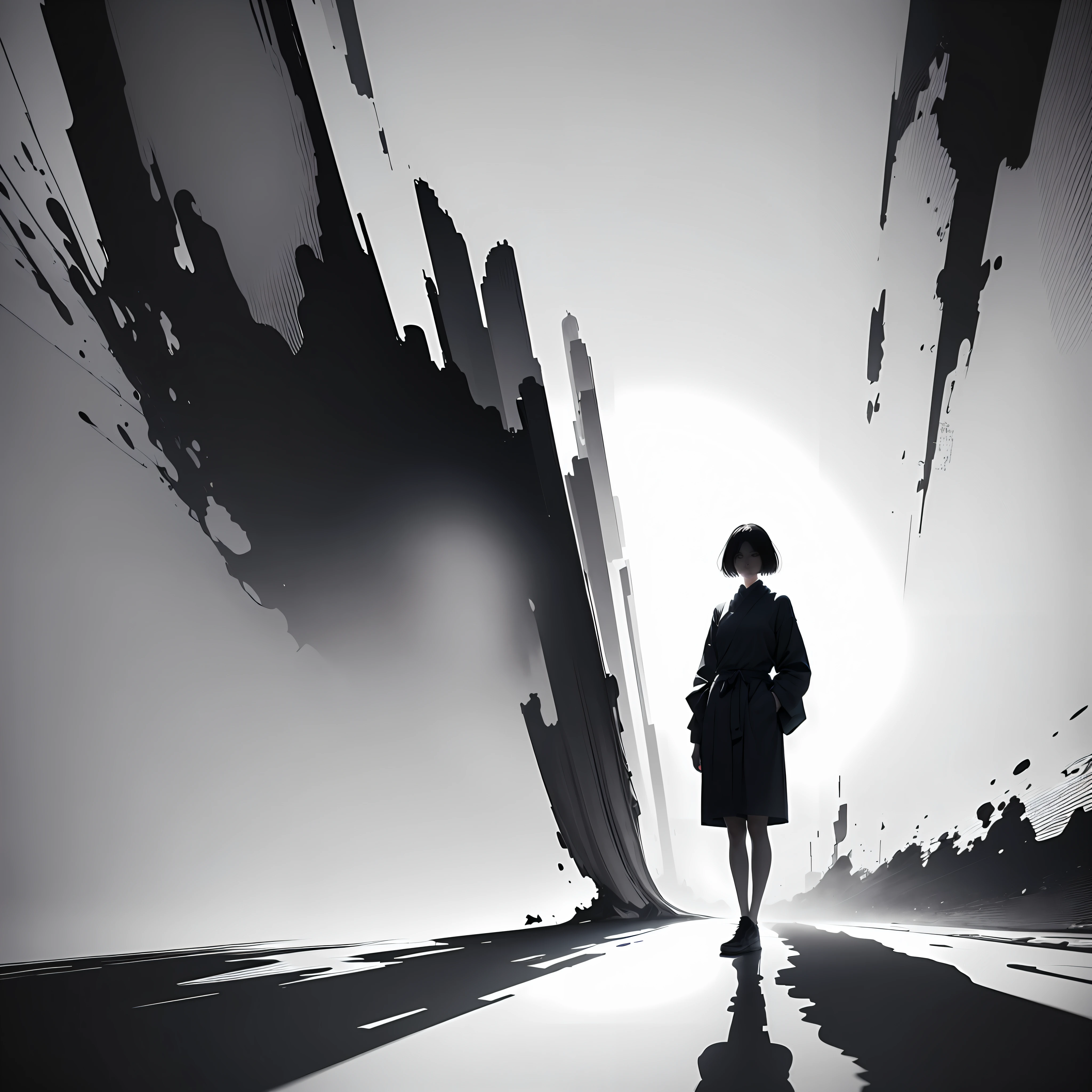 drawing of a japanese woman standing straight with white background, her face is visible, zoomed out, full body silhouette, abstract, contemporary aesthetic, grainy graphic style, 4d, 8k --auto