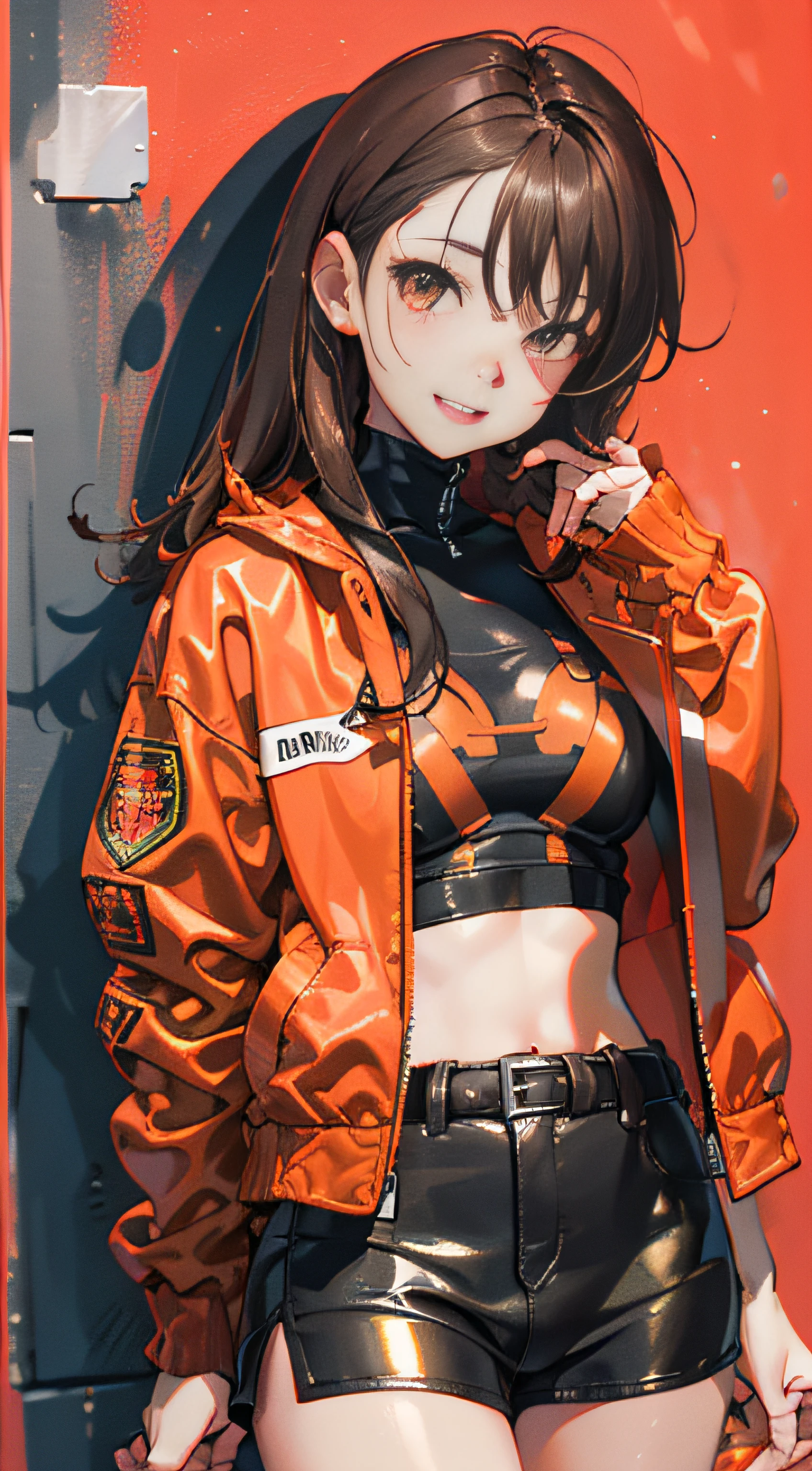1girl, solo,underwaterbrown hair, brown eyes, parted lips, long sleeves, jacket, simple background, upper body, red background, looking at viewer, teeth, red jacket, lips, cosplay, full body, smile,motorbike