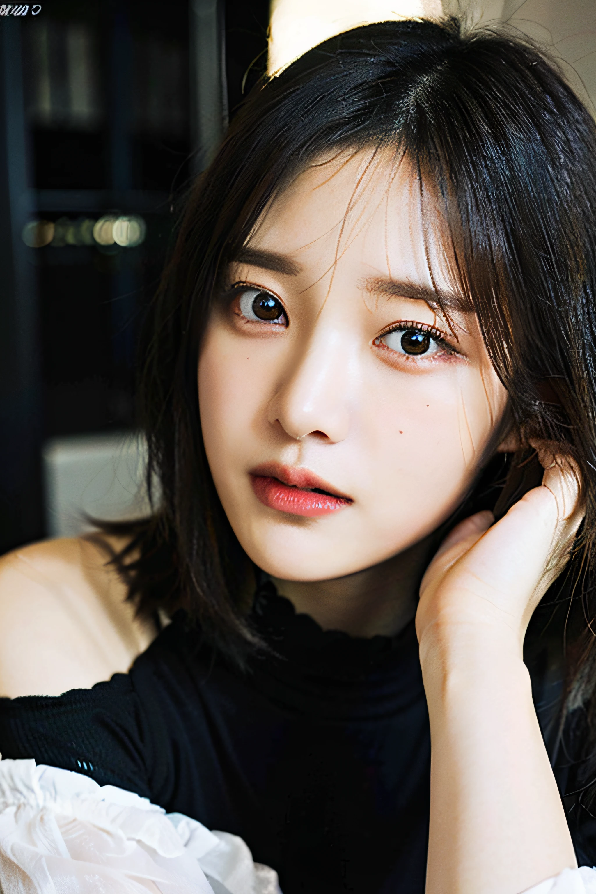 best quality, ultra high res, (((Very detailed face)))), ((Very detailed eyes and face)))), Beautiful detail eyes, (photorealistic:1.4), 1girl, off-shoulder white shirt, black tight skirt, black choker, (faded ash gray hair:1), (huge breasts:1.4),full body portrait, looking at viewer, closeup ,