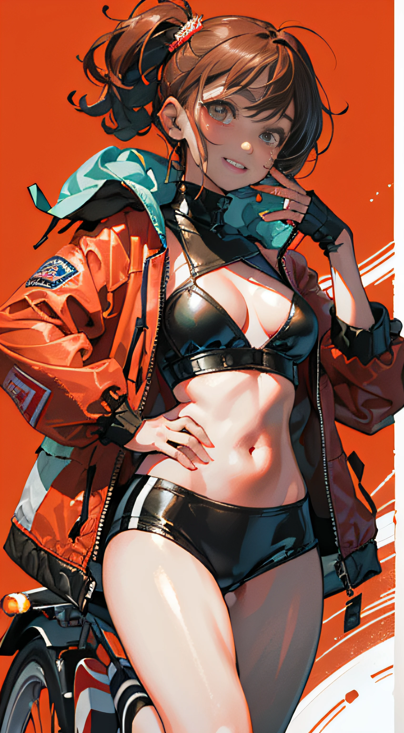 1girl, solo,underwaterbrown hair, brown eyes, parted lips, long sleeves, jacket, simple background, upper body, red background, looking at viewer, teeth, red jacket, lips, cosplay, full body, smile,motorbike