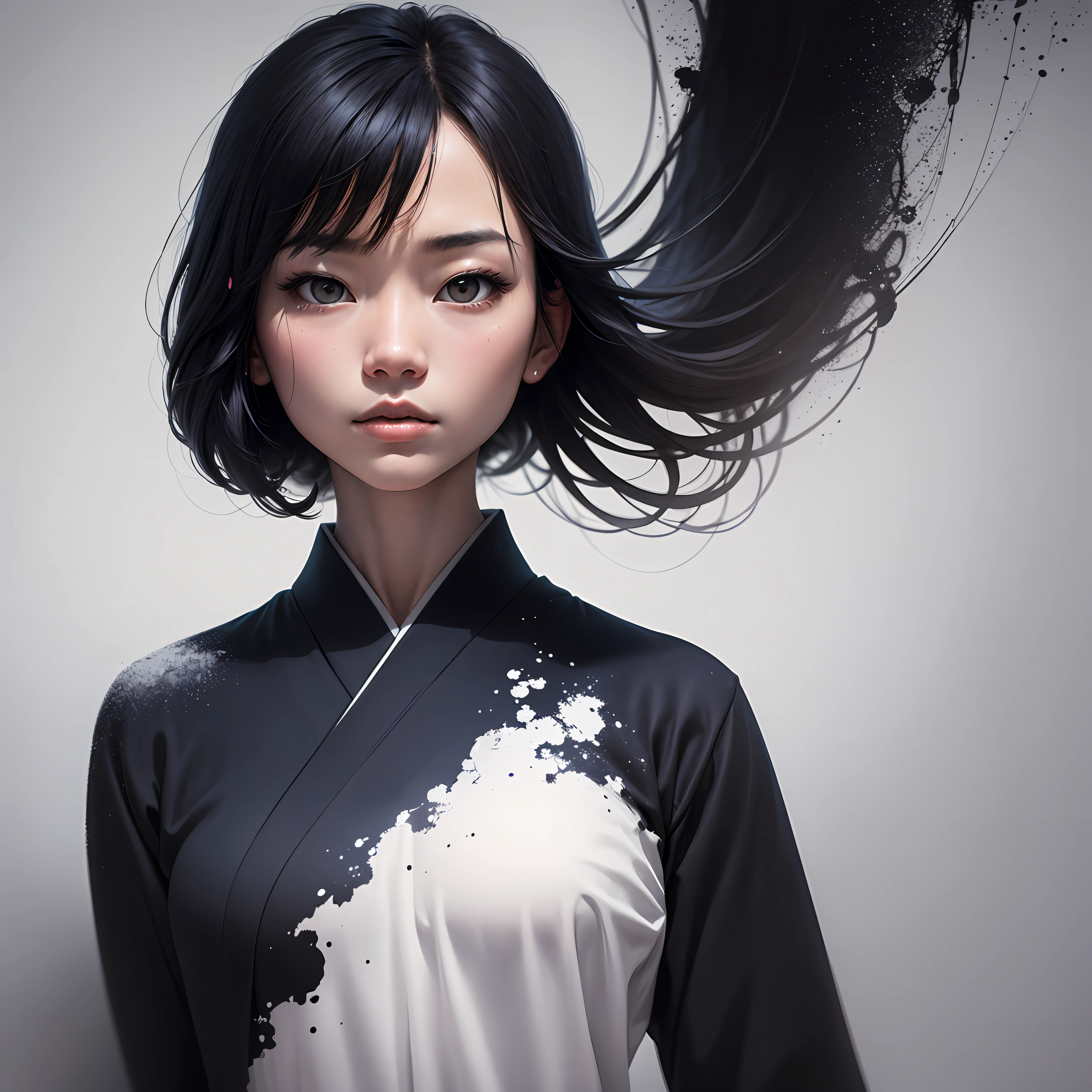 drawing of a japanese woman standing straight with white background, her face is visible, zoomed out, full body silhouette, abstract, contemporary aesthetic, grainy graphic style, 4d, 8k --auto