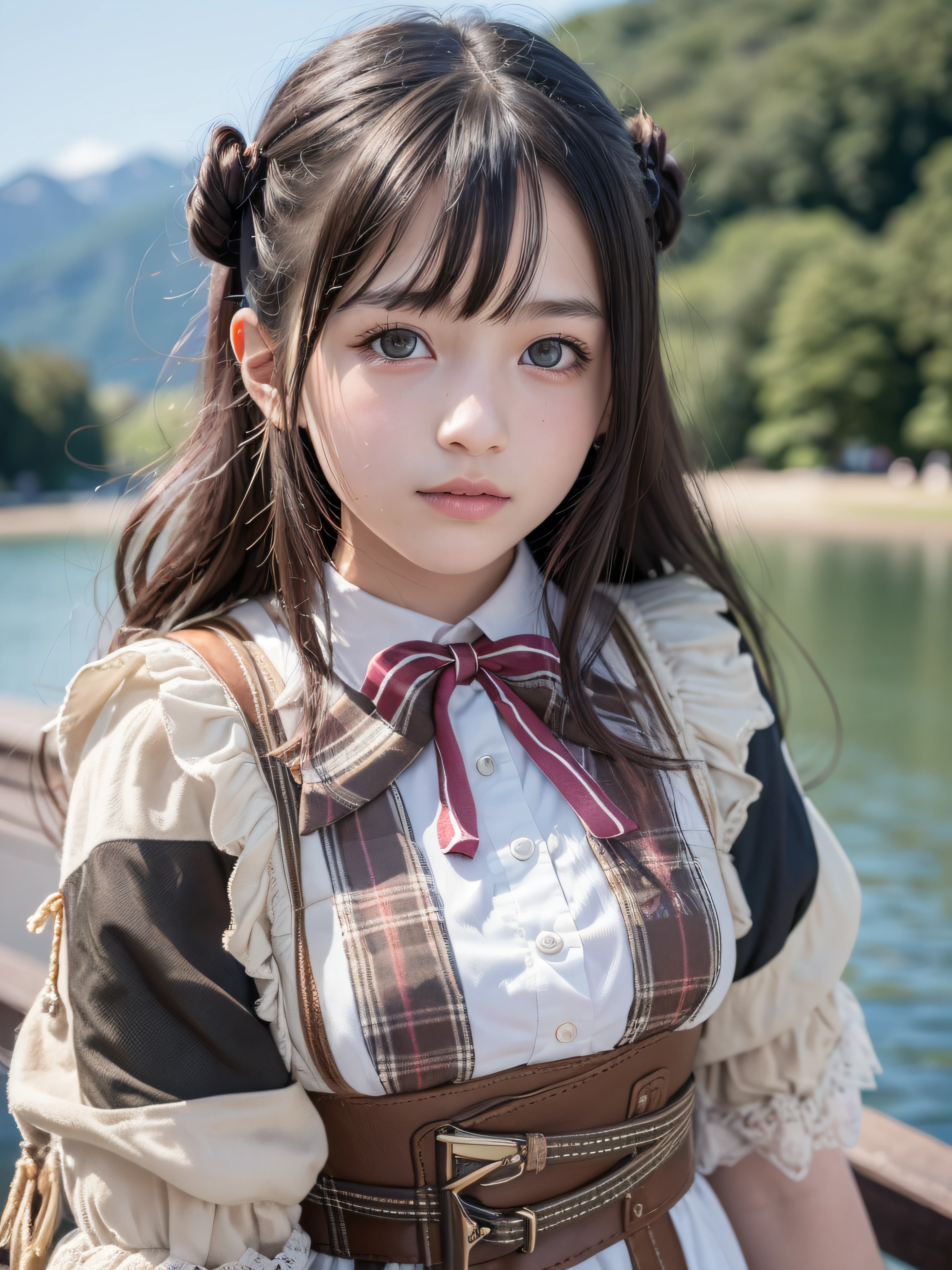 (realistic, photo-realistic:1.37), incredibly absurdres, (insanely detailed:1.3), 8k, (masterpiece), (best quality:1.4), (ultra high res:1.2), (RAW photo:1.2), ultra detailed background, (unity 8k wallpaper), 1 nogizaka girl, (utterly cute), (((bishojo:1.35))), (((14yo:1.4))), (chiemsee tracht), an exquisitely detailed and beautiful face and eyes and skin, detailed black shine hair, small-medium breasts, a chiemsee tracht with delicate and beautiful soft fabric, smile at the camera, cowboy shot, the view from lake geneva, professional lighting
