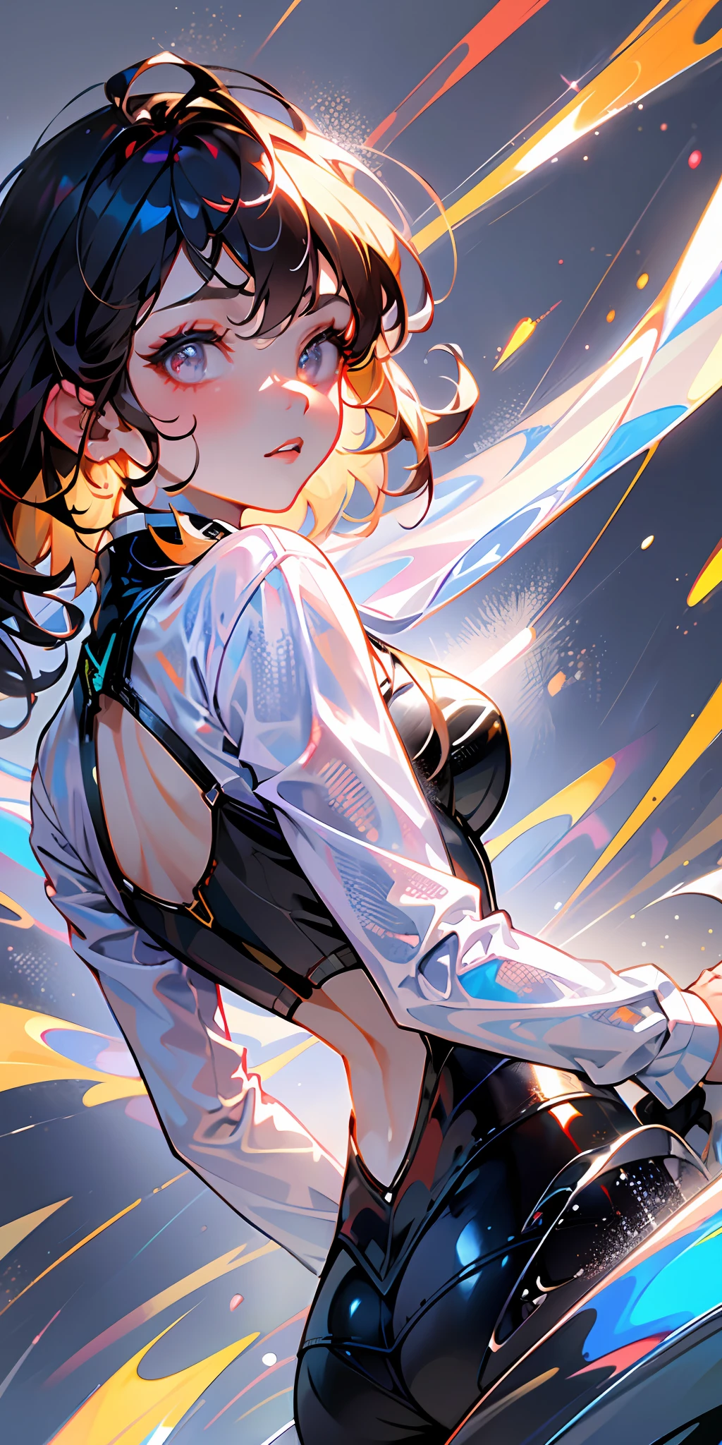 (solo girl:1.2, shot from back, dynamic pose:1.1), (Swirling Large Head:1.3), cinematic shot, dramatic lighting emphasizing shadows, texture-rich details, laser effect to add depth, best quality.