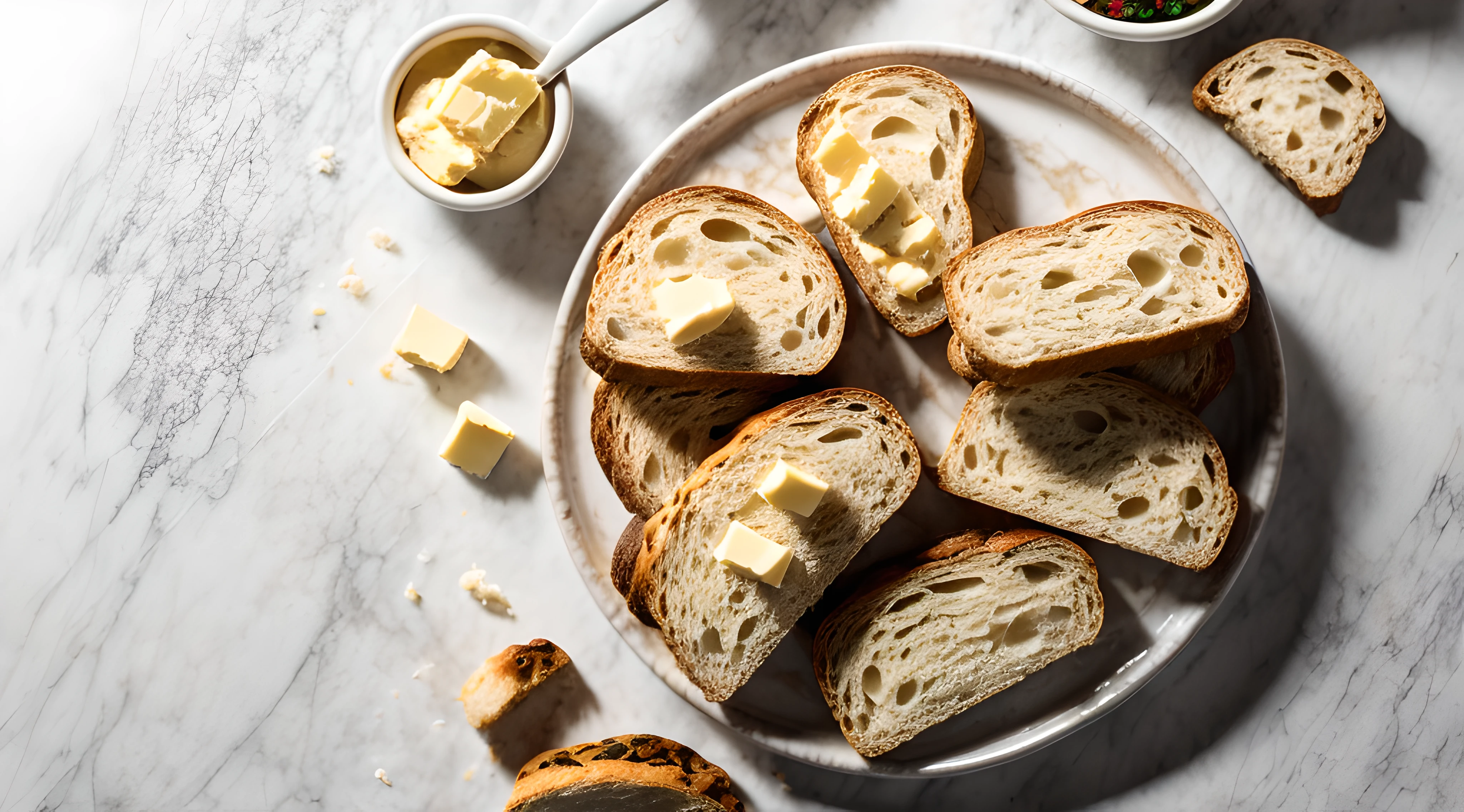 (pieces of bread, with butter on a white marble table) (aerial view) realistic photo, ultra definition image, perfect realistic details, perfect lighting, hd 4k image