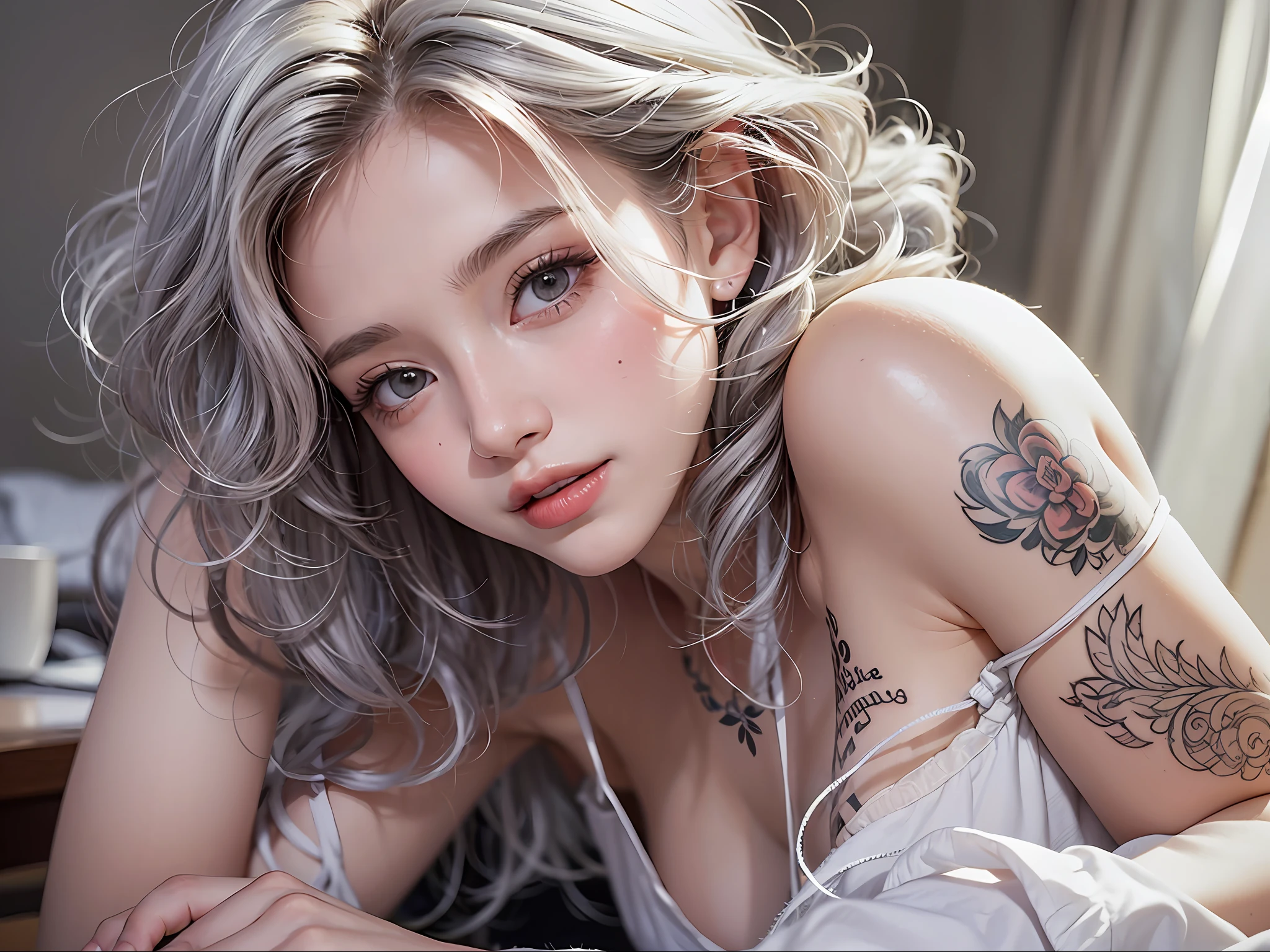 Ashley Emmaline, short hair, curly hair, girl, ultra beautiful, happy, slightly opened eyes, thin night gown, tatoo, lying on the table, close portrait, silver hair, elegant background, light background, white room, dreamy, look away