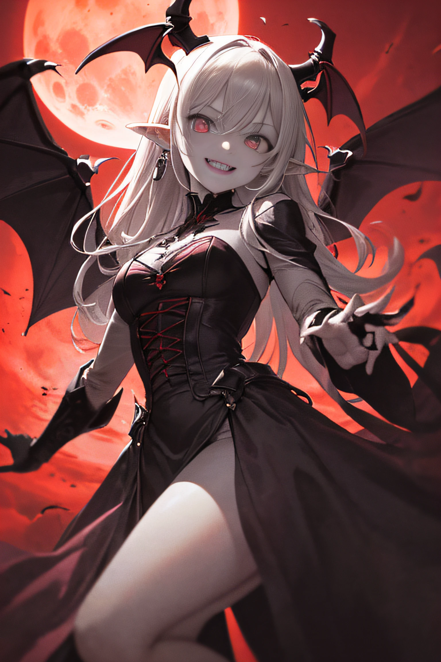 (Masterpieces: 1.2, best quality), (best lighting, very delicate and beautiful), (best lighting, very delicate and beautiful), (beautiful detailed face), (detailed eyes and detailed faces: 1.2), dark fantasy, vampires, (young girl, little beast, 1girl, solo, crazy smile, pale skin, gray hair, red glowing eyes, dynamic angles, dynamic poses, vampires, vampire fangs), (get vampire castle in the background), (red moon, red sky), pointy_ears, fangs, bat wings, demon horns, ((blood on the face))), blood rain, blood fog, (depth of field), high contrast, (blood splash: 1.4), cowboy shot, full body,