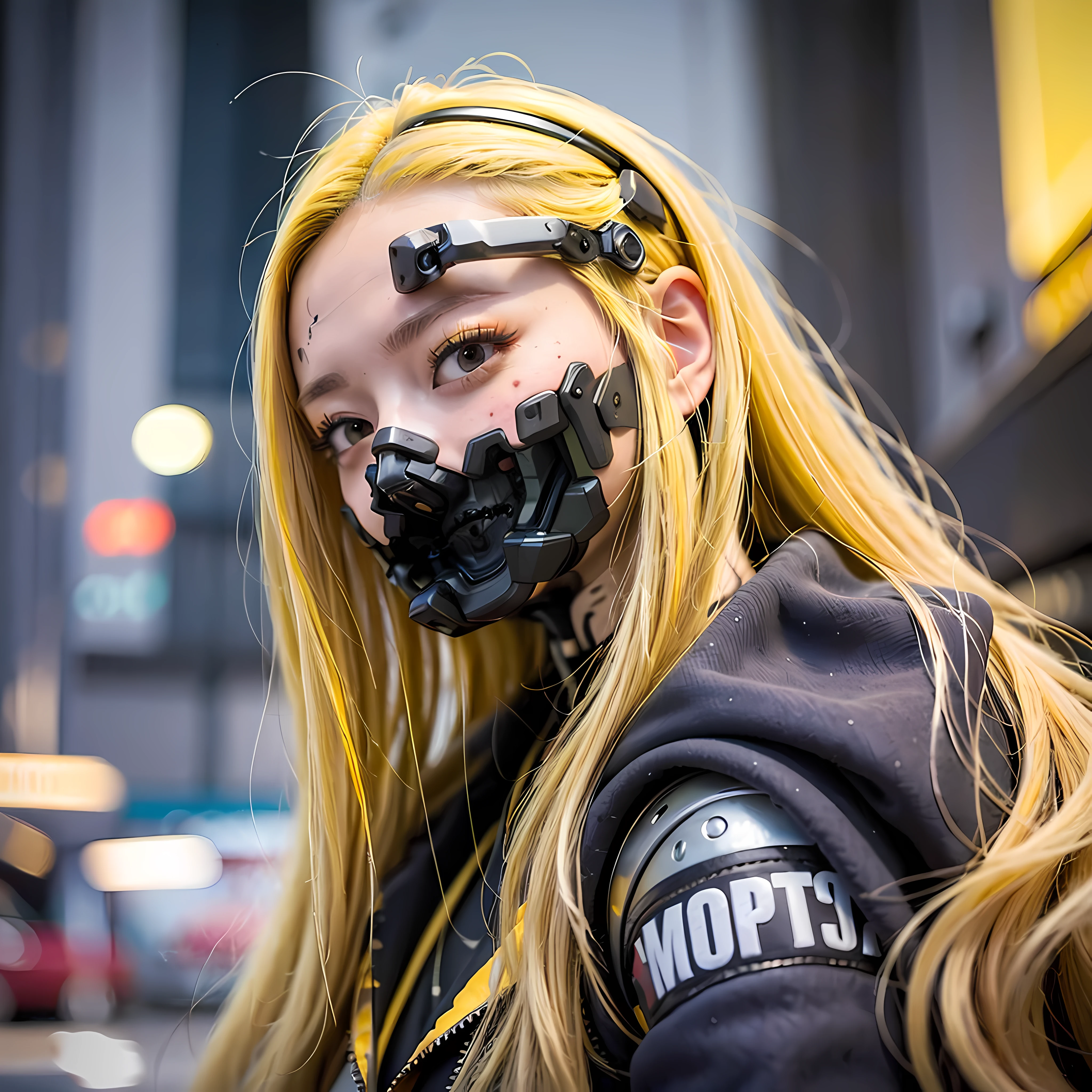 (Photorealistic:1.4), (Best Quality:1.0), (Super Resolution:1.0), (8K, Original), (Masterpiece:0.2), Portrait, Face Focus,
(Cybernetic_Jawless), (mask), mechanical parts, cybernetics, 1 girl, asian girl, jacket, (long hair:1.5), (yellow hair:1.5),
Cyberpunk Street background, (neon: 1.2),