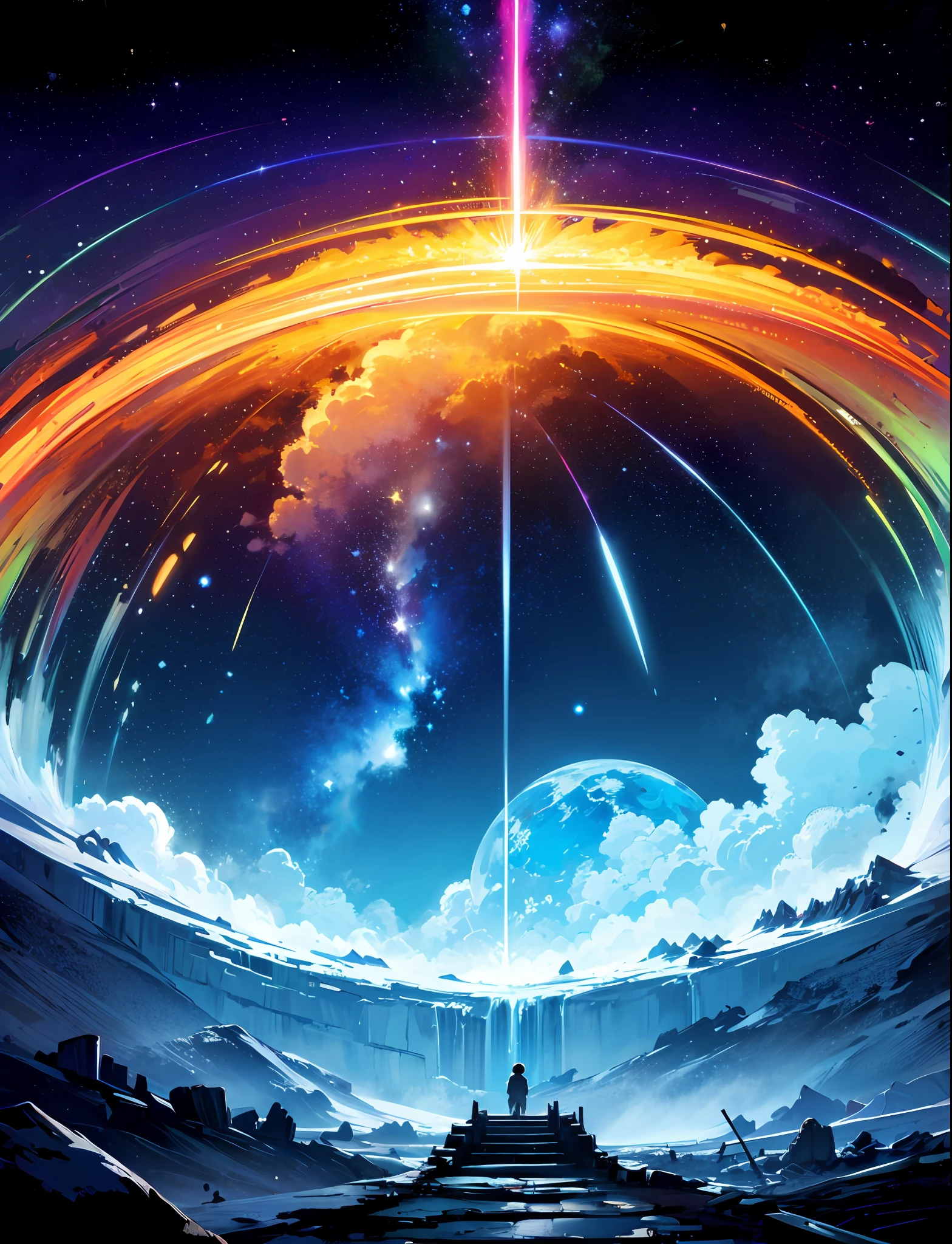 Masterpiece, neon stars, magic around, god, truth, anticipation, depth, insight, understanding, mountain, galactic lush translucent clouds, spectrum, panorama, star cycle, cycle, round eye, planet, earth, truth, knowledge, power, energy, top of the world