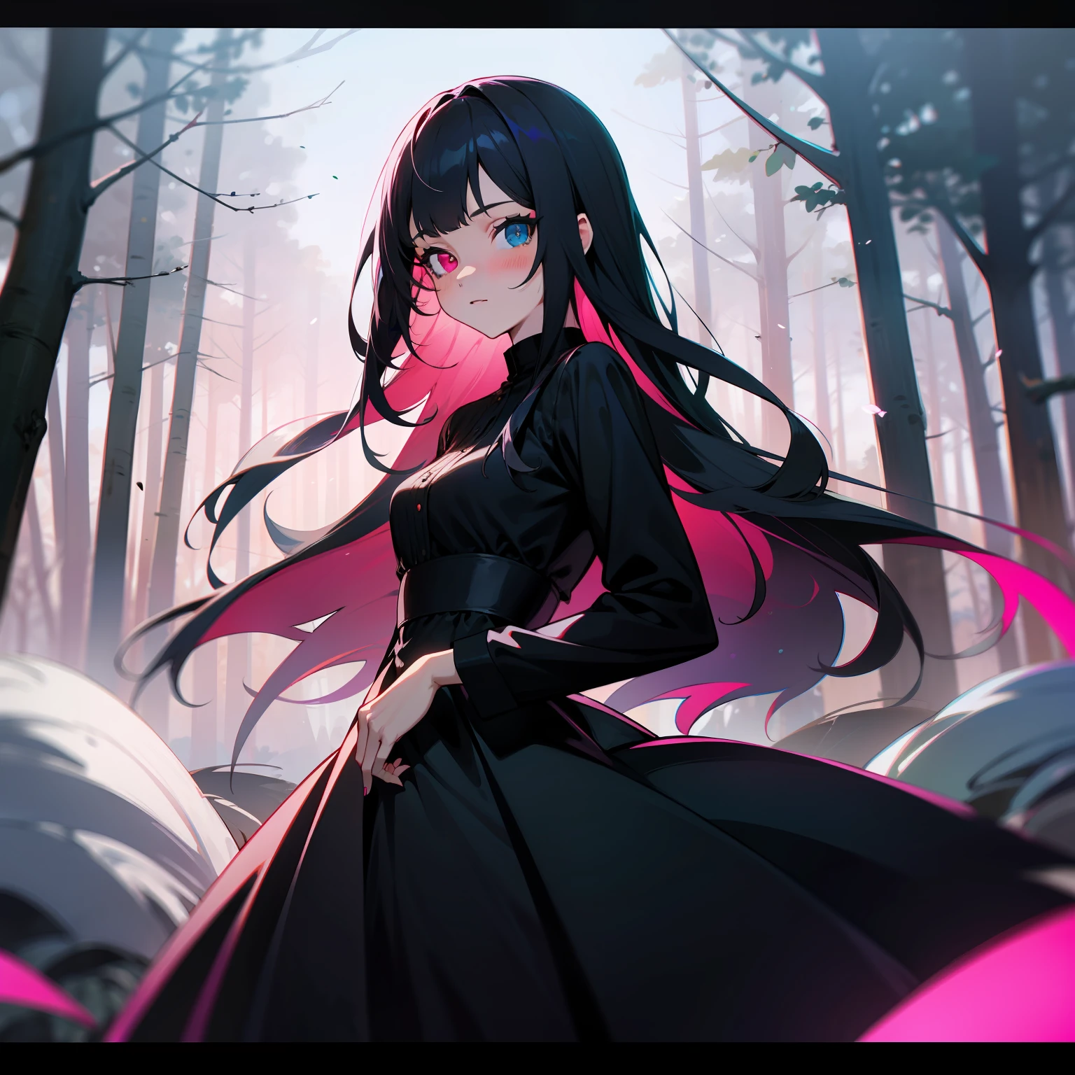 1girl, heterochromia, {blue eye} on left, pink eye on right, long black hair, fully clothed, black dress, forest, night