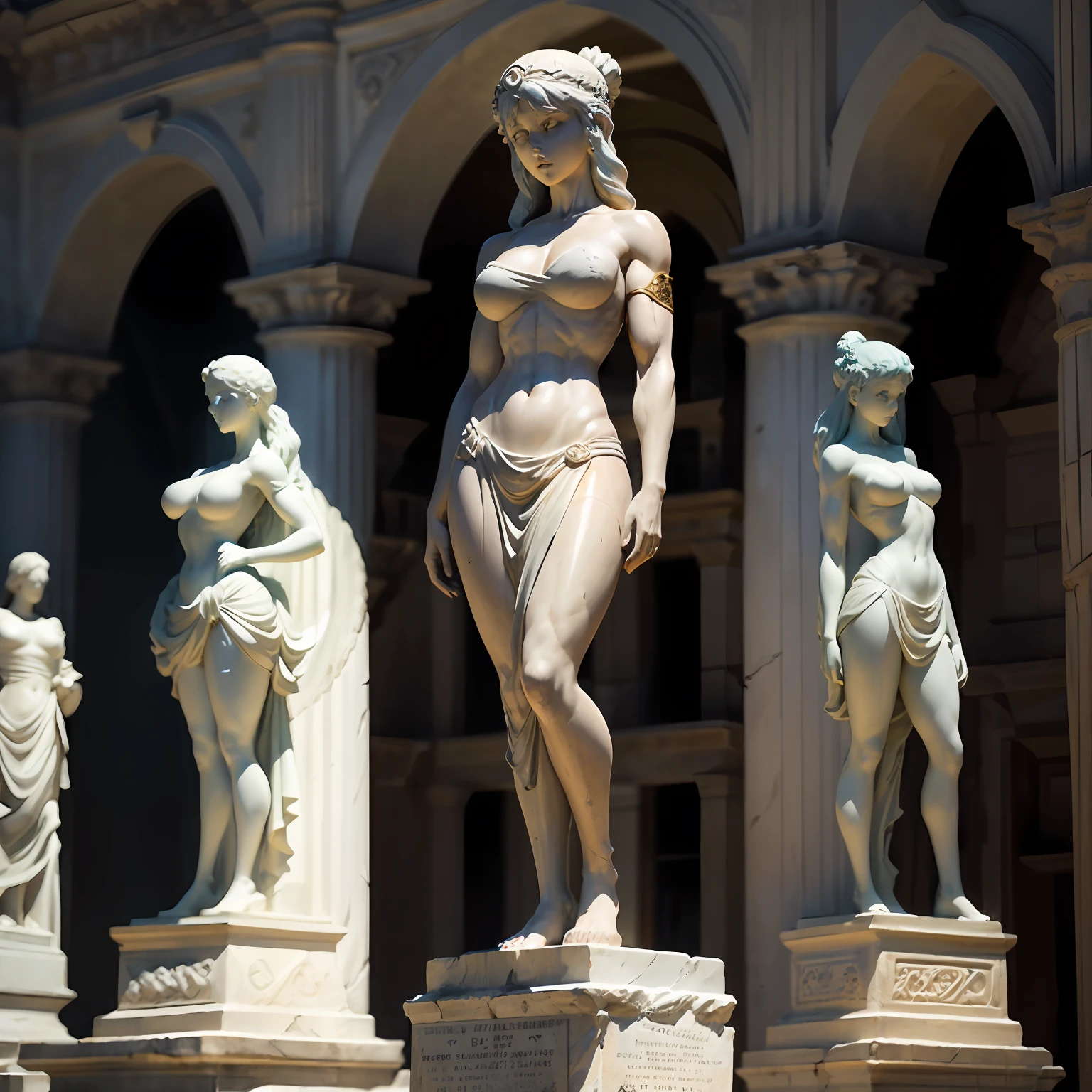 ((only one)) , (1girl) , alone , Muscular anime Girl (1girl) , wheyfu girl (1girl) , as a white stone marble figure (only one) , female statue (only one) , an ancient roman statue (only one) , upright