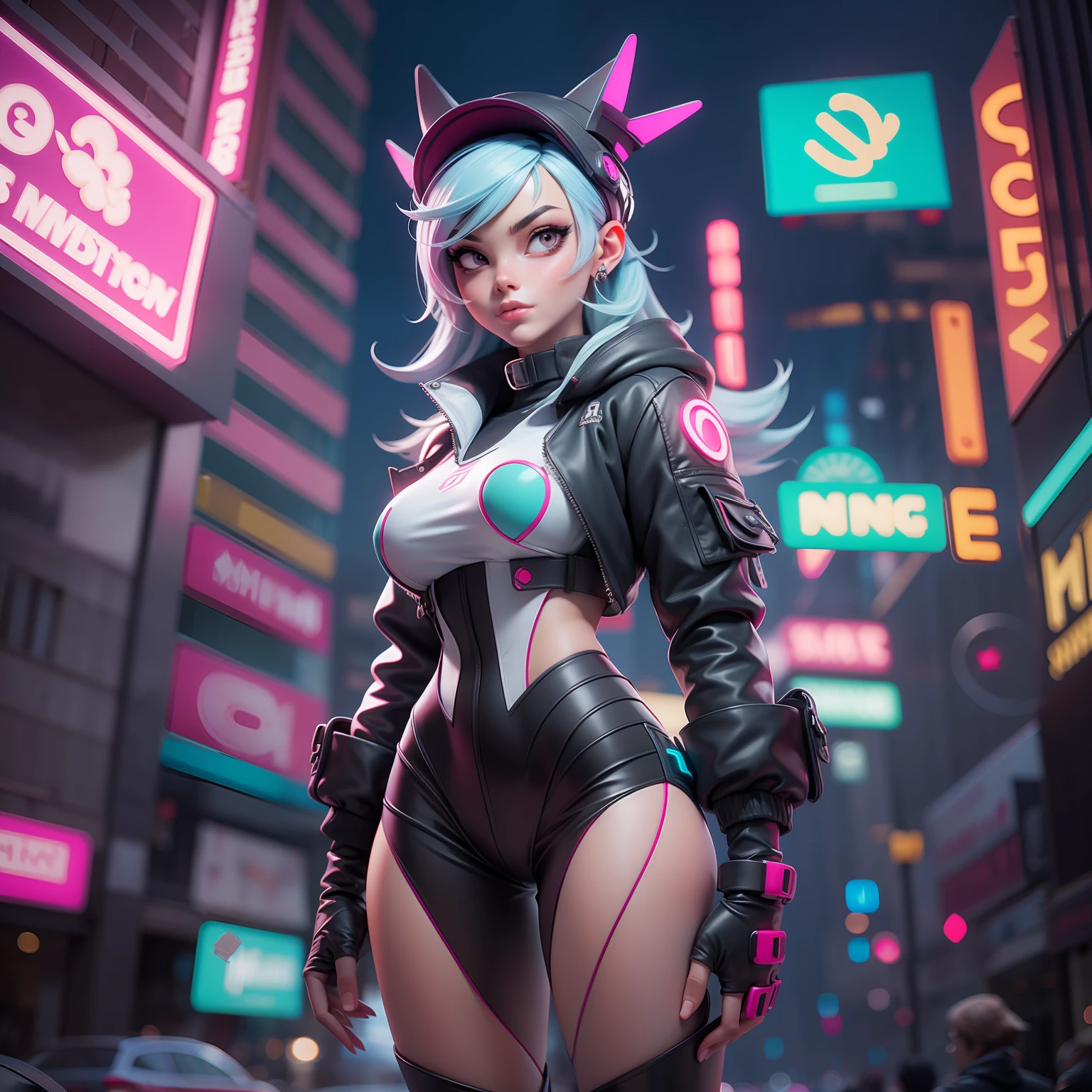 Futuristic girl in a city with neon lights