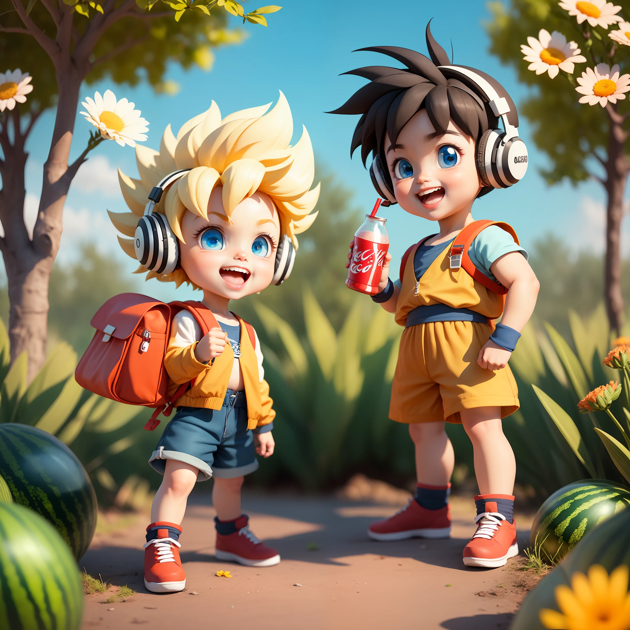 (Daisaku), (Excellent), (Super Meticulous), (Full Body: 1.2), (Super Saiyan| Boy|5 years ts, short sleeves, small backpack, cute, smile, open mouth,) flower, outdoors, drink Coca-Cola, hold watermelon, with headphones, music, tree, boy short hair, barbed short hair, blonde hair, long sleeves, short hair, (beautiful and delicate face), (beautiful and delicate eyes),