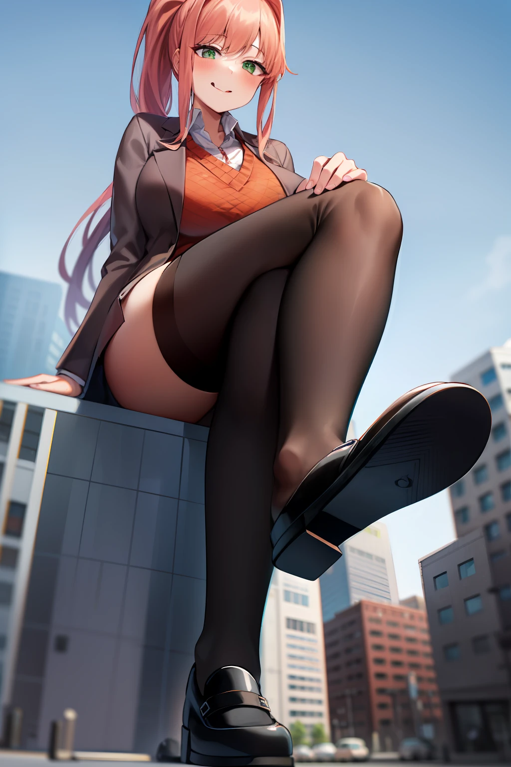 2d, masterpiece, best quality, anime, highly detailed, 1girl, solo, monika, green eyes, very long hair, ponytail, school uniform, straight-on, smile, (full body:1.5), giantess, smile, (from below:1.5), thick thighs, looking down at viewer, upskirt, (large breasts:1.3), field, (looming:1.3), mature female, high quality, hd quality, masterpiece, photorealistic, shoe soles, close-up foot, intense angle, :d, (sitting on building:1.6), very low angle, female pervert, toragao, crossed legs, closed mouth, (licking lips, licking own lips:1.1), (sitting:1.5), (white undershirt, orange sweater:1.2), (brown jacket:1.4), (absolute territory, black thighhighs:1.4), (uwabaki:1.5), full body in frame,