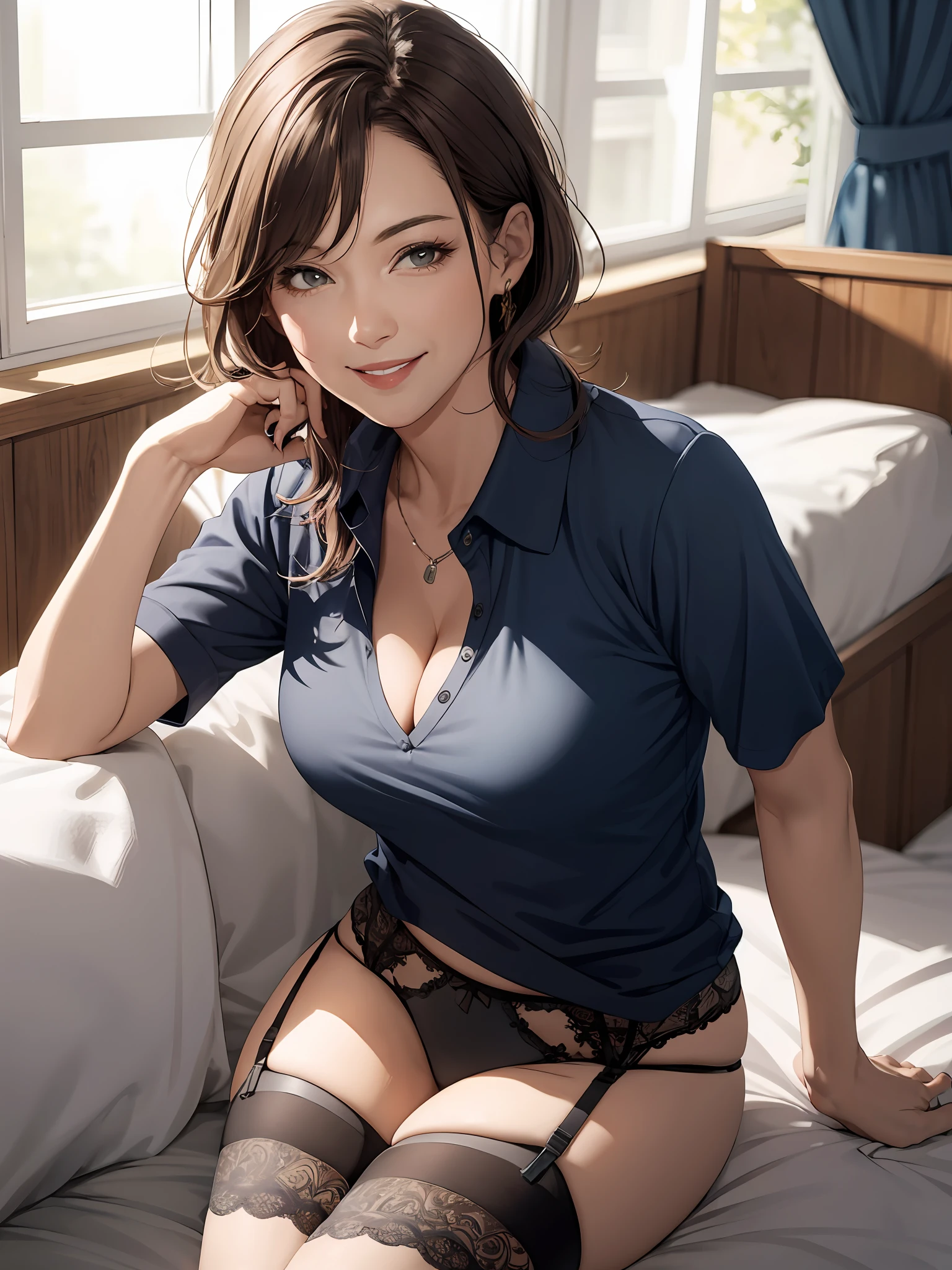 Realistic, 65 years old mature woman, wearing polo shirt, garter belt, face smiling, cleavage emphasis, , hair disheveled, sitting on bed, staring at me, face zoom