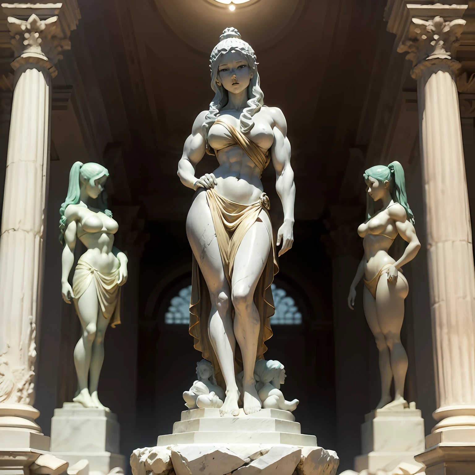 Shirahoshi , ((only one)) , (1girl) , alone , Muscular anime Girl (1girl) , wheyfu girl (1girl) , as a white stone marble figure (only one) , female statue (only one) , an ancient roman statue (only one) , upright