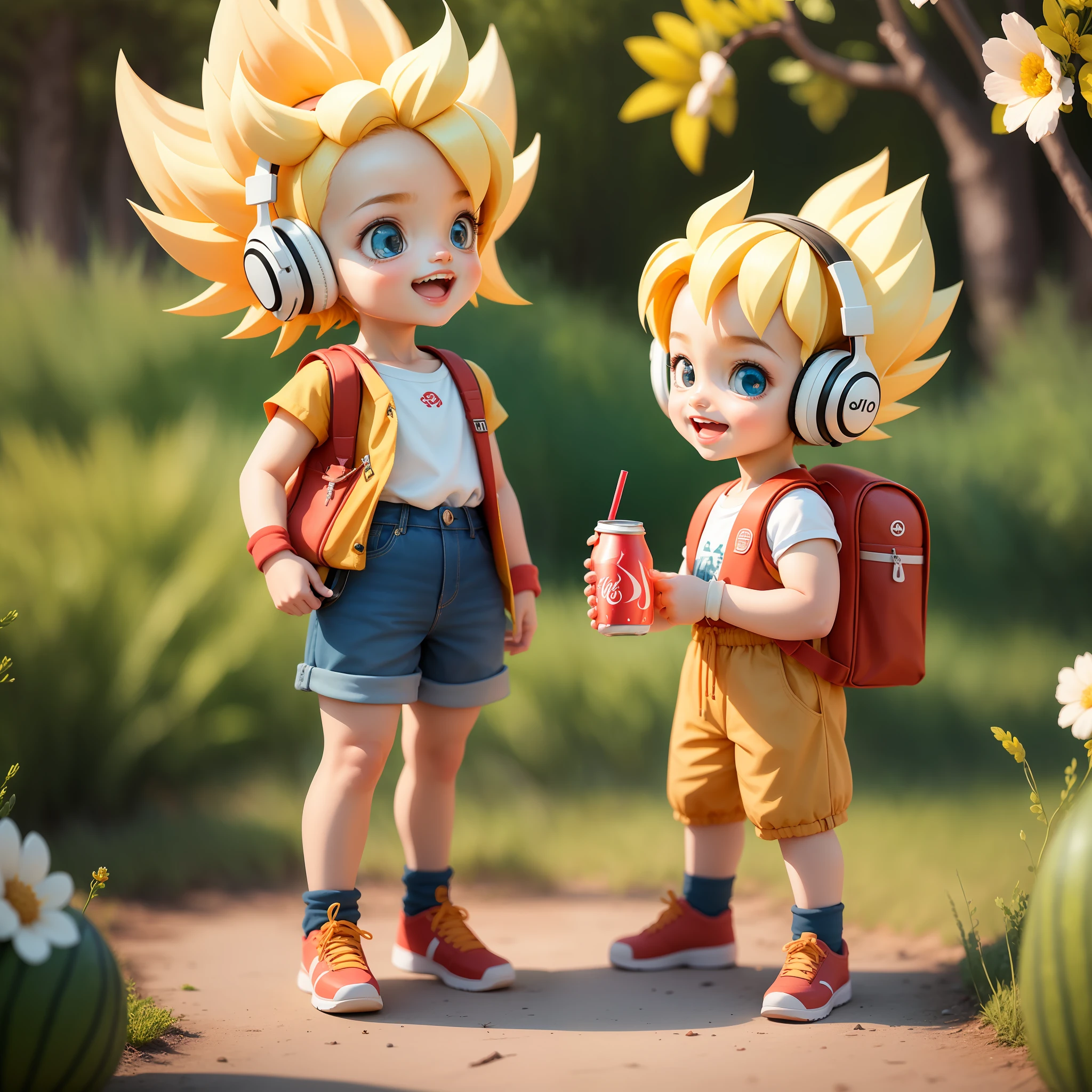 (Masterpiece), (Excellent), (Super Meticulous), (Full Body: 1.2), (Super Saiyan|Little Boy|5 years old, Solo, Shorts, Short Sleeves, Small Backpack, Cute, Smile, Open Mouth,) Flower, Outdoor, Drink Coca-Cola, Hold Watermelon, With Headphones, Music, Tree, Short Hair for Boys, Short Barbs, Blonde Hair, Long Sleeves, Short Hair, (Beautiful and Delicate Face), (Beautiful and Delicate Eyes),