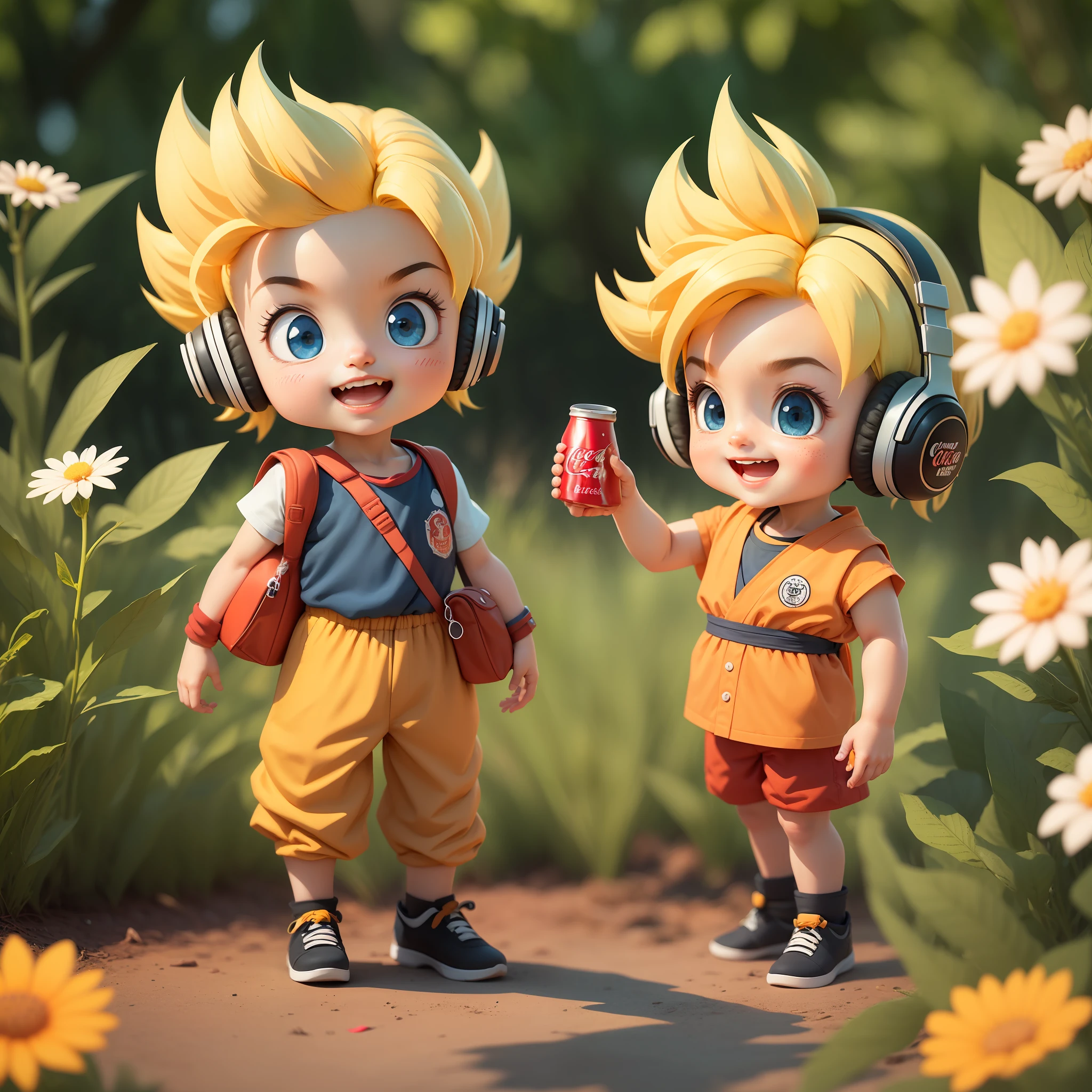 (Daisaku), (Excellent), (Super Meticulous), (Full Body: 1.2), (Super Saiyan| Boy|5 years ts, short sleeves, small backpack, cute, smile, open mouth,) flower, outdoors, drink Coca-Cola, hold watermelon, with headphones, music, tree, boy short hair, barbed short hair, blonde hair, long sleeves, short hair, (beautiful and delicate face), (beautiful and delicate eyes),