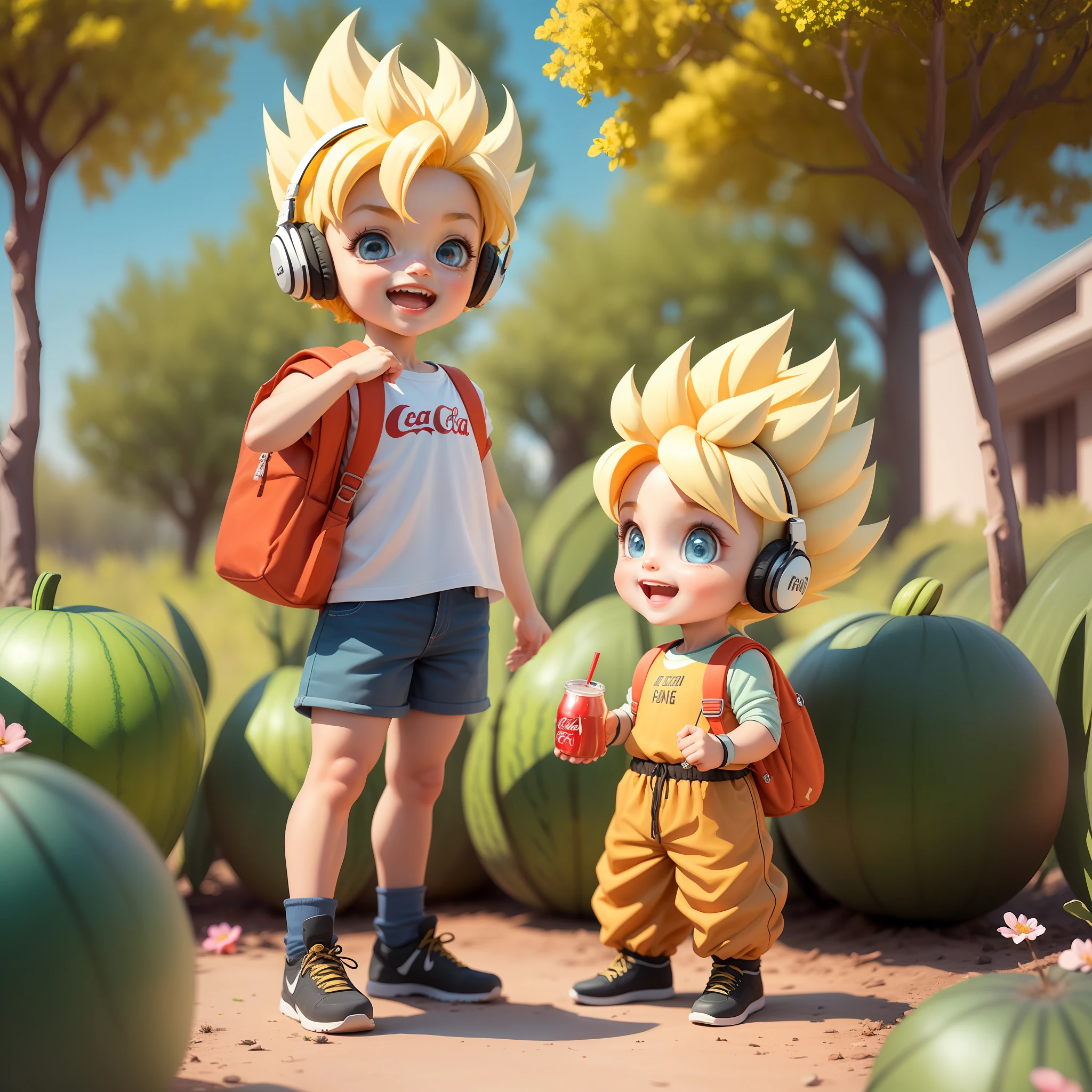 (Masterpiece), (Excellent), (Super Meticulous), (Full Body: 1.2), (Super Saiyan|Little Boy|5 years old, Solo, Shorts, Short Sleeves, Small Backpack, Cute, Smile, Open Mouth,) Flower, Outdoor, Drink Coca-Cola, Hold Watermelon, With Headphones, Music, Tree, Short Hair for Boys, Short Barbs, Blonde Hair, Long Sleeves, Short Hair, (Beautiful and Delicate Face), (Beautiful and Delicate Eyes),