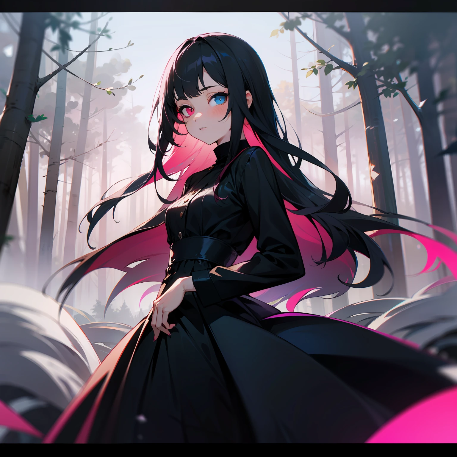 1girl, heterochromia, {blue eye} on left, pink eye on right, long black hair, fully clothed, black dress, forest, night