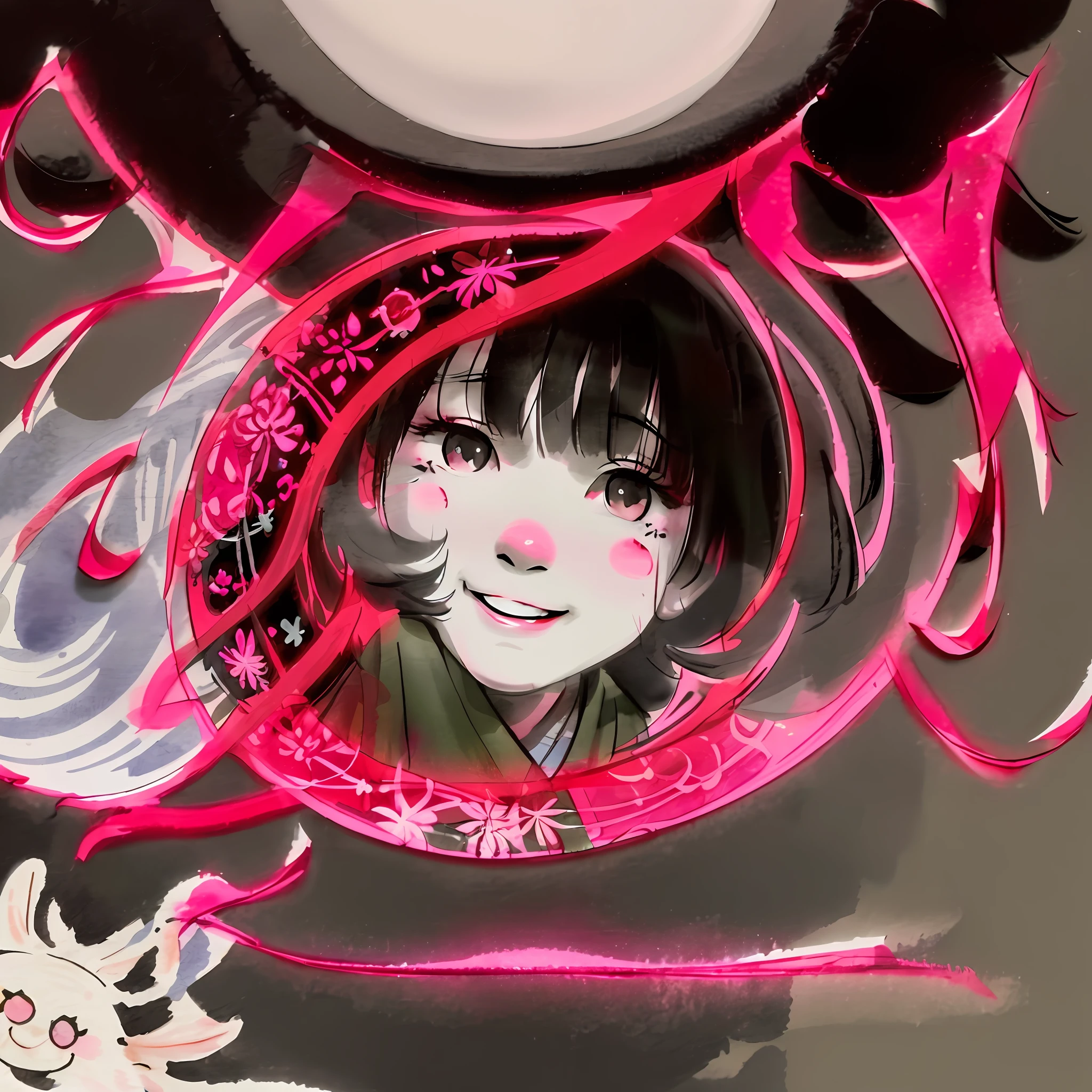 This is a cartoon illustration on the theme of Chinese ink painting style. An ancient chubby little boy is wearing traditional Hanfu, with short black hair and a round belly. His face is smiling very happily, showing his teeth. Unified Chinese ink painting style, leaving a certain amount of white space, soft light，green and pink collocation, high level of detail and high quality.