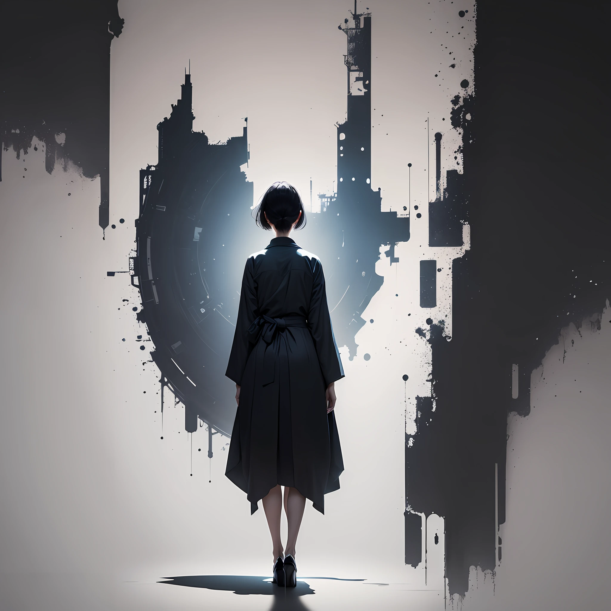 drawing of a japanese woman standing straight with white background, her face is visible, zoomed out, full body silhouette, abstract, contemporary aesthetic, grainy graphic style, 4d, 8k --v6