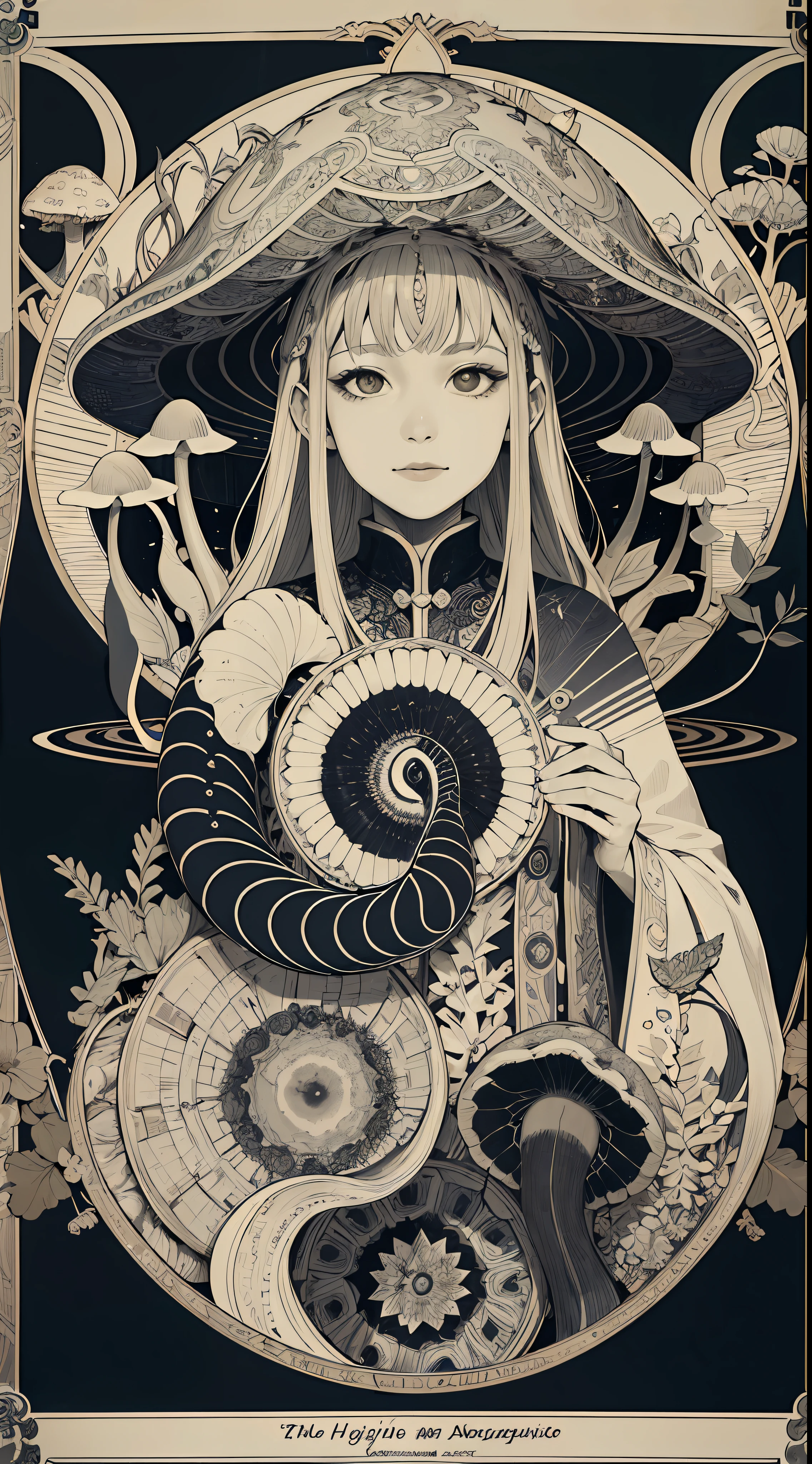 (Masterpiece, Best Quality, Highres:1.4), Detailed, Intricate Details, 4K,
color splashes, line art, art, fibonacci, Asian girl, mushroom, psychedelic art, beautiful charming face,dmt details, trippy, tarot card style, show full objects