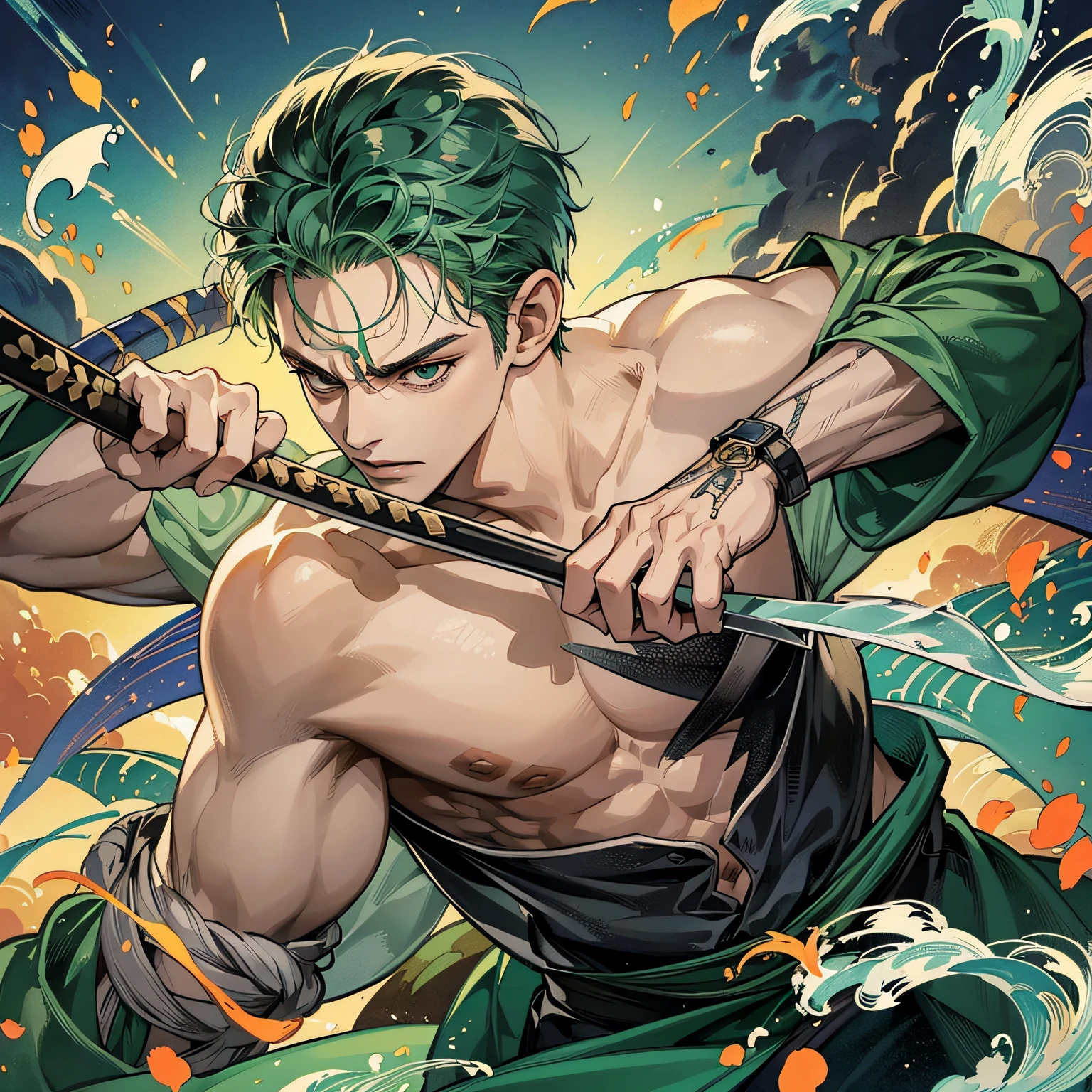 Roronoa Zoro, with swords, male, strong, intricate, high quality, 1man, white shirt, Wano_Style, anime --auto