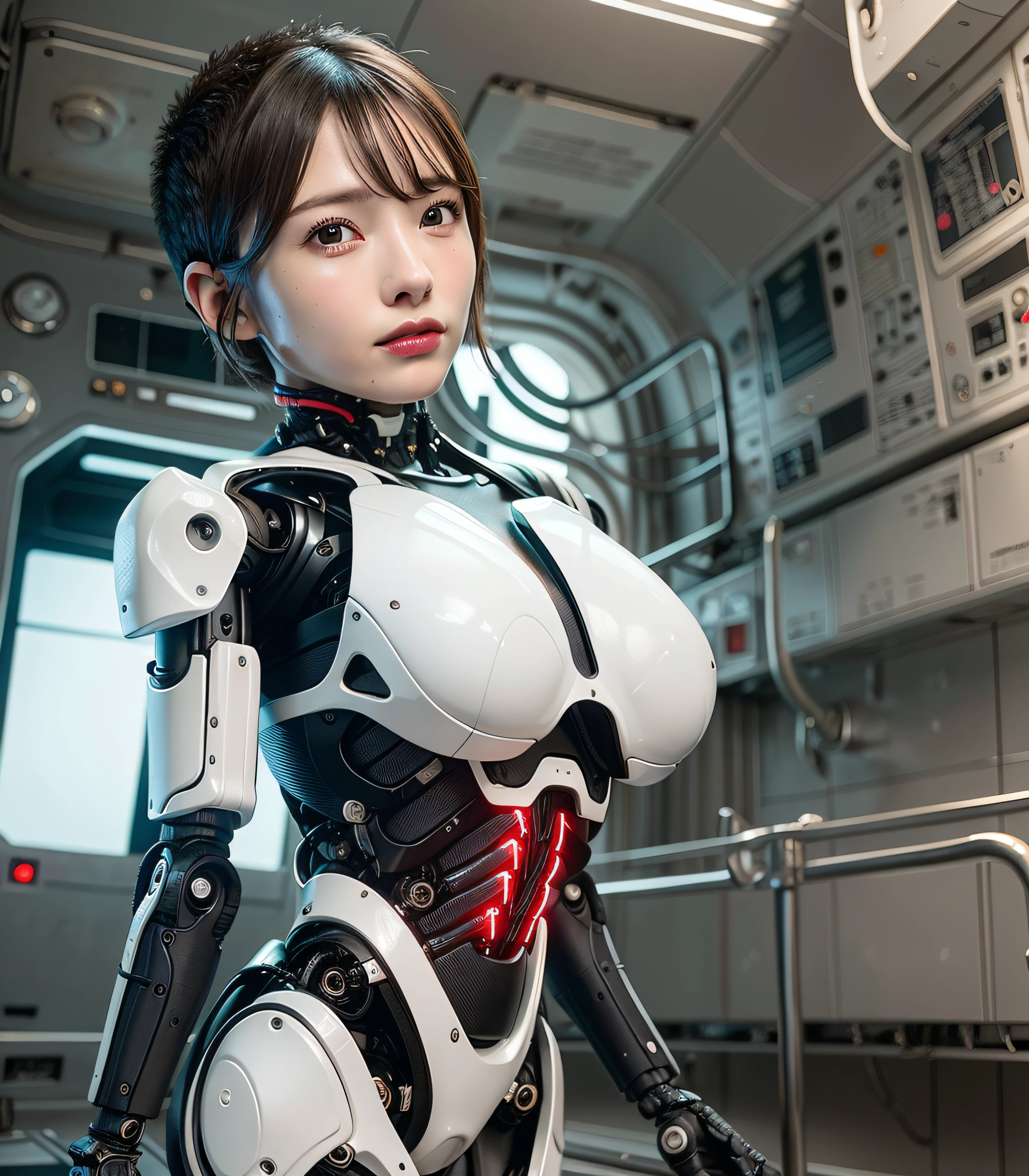 High detail RAW color art, animation, naked, huge breast, white skin, cute woman in the cockpit of mars base, ((((robo limb prostheses)))), magical atmosphere, ((((very short hair)))), (muscle:1.4), (detailed skin, skin texture), (intricately detailed, fine details, hyperdetailed), raytracing, subsurface scattering, diffused soft lighting, shallow depth of field, by (Oliver Wetter)