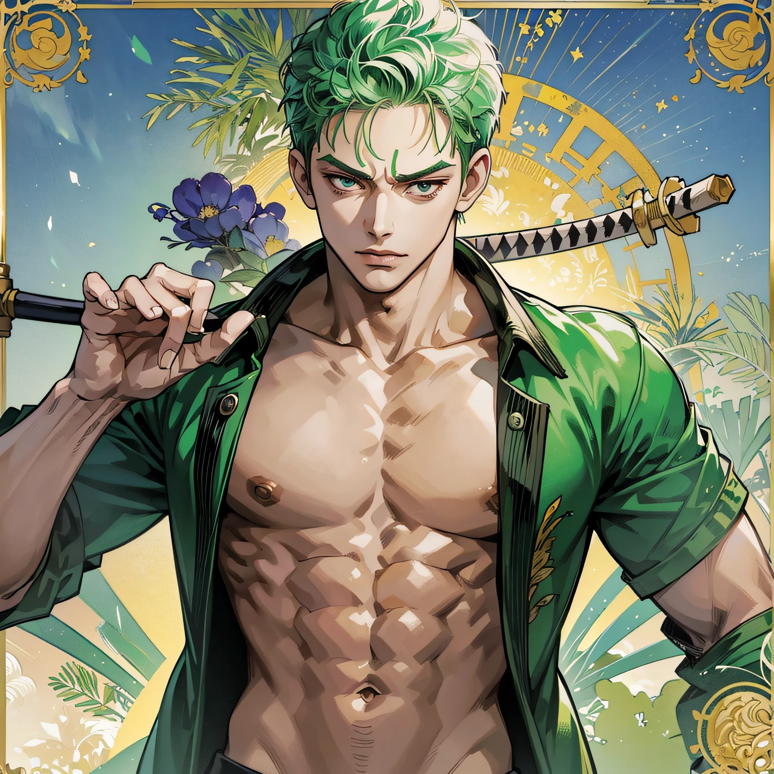 Roronoa Zoro, with swords, male, strong, intricate, high quality, 1man, white shirt, Wano_Style, anime --auto