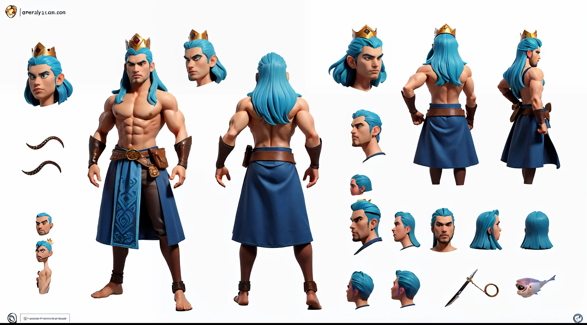 ((masterpiece)), (((best quality))), (character design sheet, same character, front, side, back), Reference sheet of adult male, barebacked, long light blue hair, cyan eyes, wear crown, medium muscle, bare foot, wearing cloth belt, fantasy world, Vietnamese, fish scales on arms and body, detailed face, detailed hair, (simple background, white background: 1.3)
