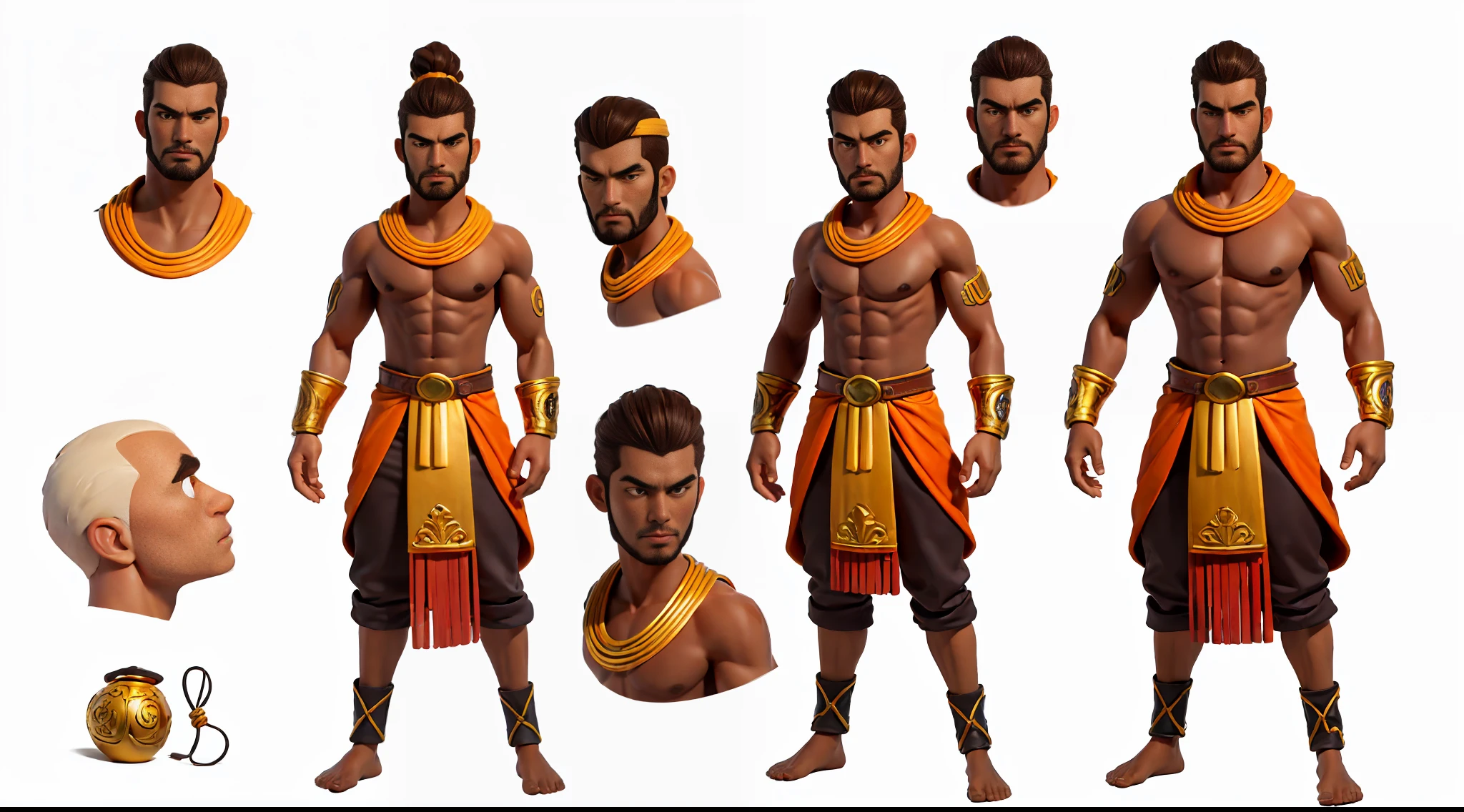 ((masterpiece)),(((best quality))),(character design sheet, same character, front, side, back), Reference sheet of adult male, muscle, short brown hair, orange eyes, barebacked, headband, cloth belt, bare foots, gold bracelet accessory, fantasy Asian god, god of earth, detailed face, detailed hair, (simple background, white background: 1.3)