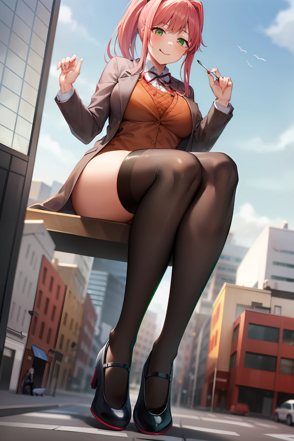 2d, masterpiece, best quality, anime, highly detailed, 1girl, solo, monika, green eyes, very long hair, ponytail, school uniform, straight-on, smile, (full body:1.5), giantess, smile, (from below:1.5), thick thighs, looking down at viewer, upskirt, (large breasts:1.3), field, (looming:1.3), mature female, high quality, hd quality, masterpiece, photorealistic, shoe soles, close-up foot, intense angle, :d, (sitting on building:1.6), very low angle, female pervert, toragao, crossed legs, closed mouth, (licking lips, licking own lips:1.1), (sitting:1.5), (white undershirt, orange sweater:1.2), (brown jacket:1.4), (absolute territory, black thighhighs:1.4), (uwabaki:1.5), full body in frame,