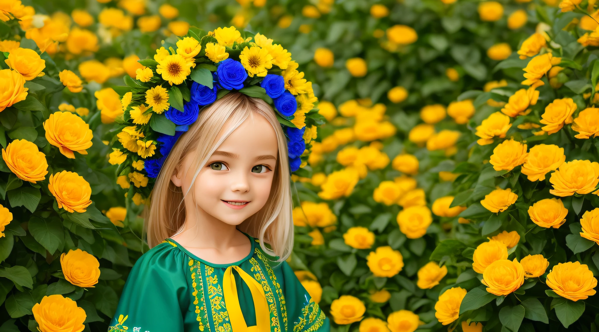 4K, masterpiece, highres, absurdres, natural volumetric lighting and best shadows, highly detailed face, highly detailed facial features, smiling, edgVyshivanka, ****** CHILD blonde in a white, blue, yellow, green, pruple, black dress and a wreath, wearing edgVyshivanka, edgVyshivanka_style_embroidery, floral embroidery, bright latex floral printing