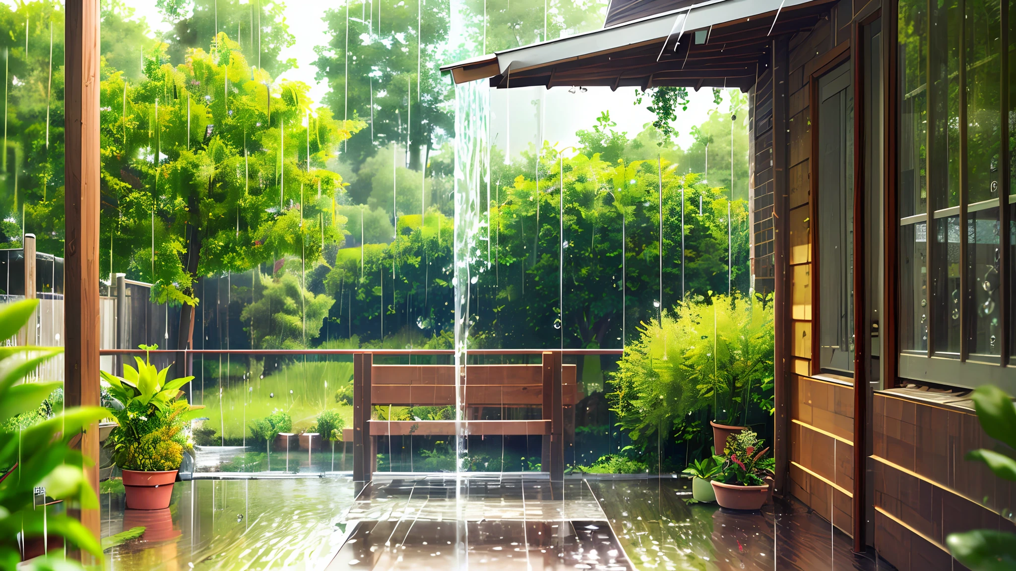 (masterpiece, best quality),1.2, cuva, about rain, best quality,1.5, , thunder, trees,red pots, colorful plants raining,water pose, drops, outside,realistic,3d, rain falling, drops flying, realistic,1.2, heavy rain in the gutter