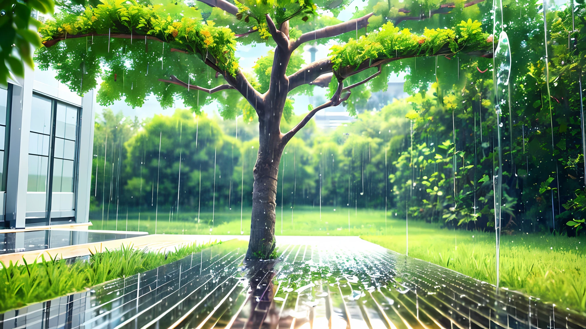 (masterpiece, best quality),1.2, cuva, about rain, best quality,1.5, , thunder, trees,red pots, colorful plants raining,water pose, drops, outside,realistic,3d, rain falling, drops flying, realistic,1.2, heavy rain in the gutter