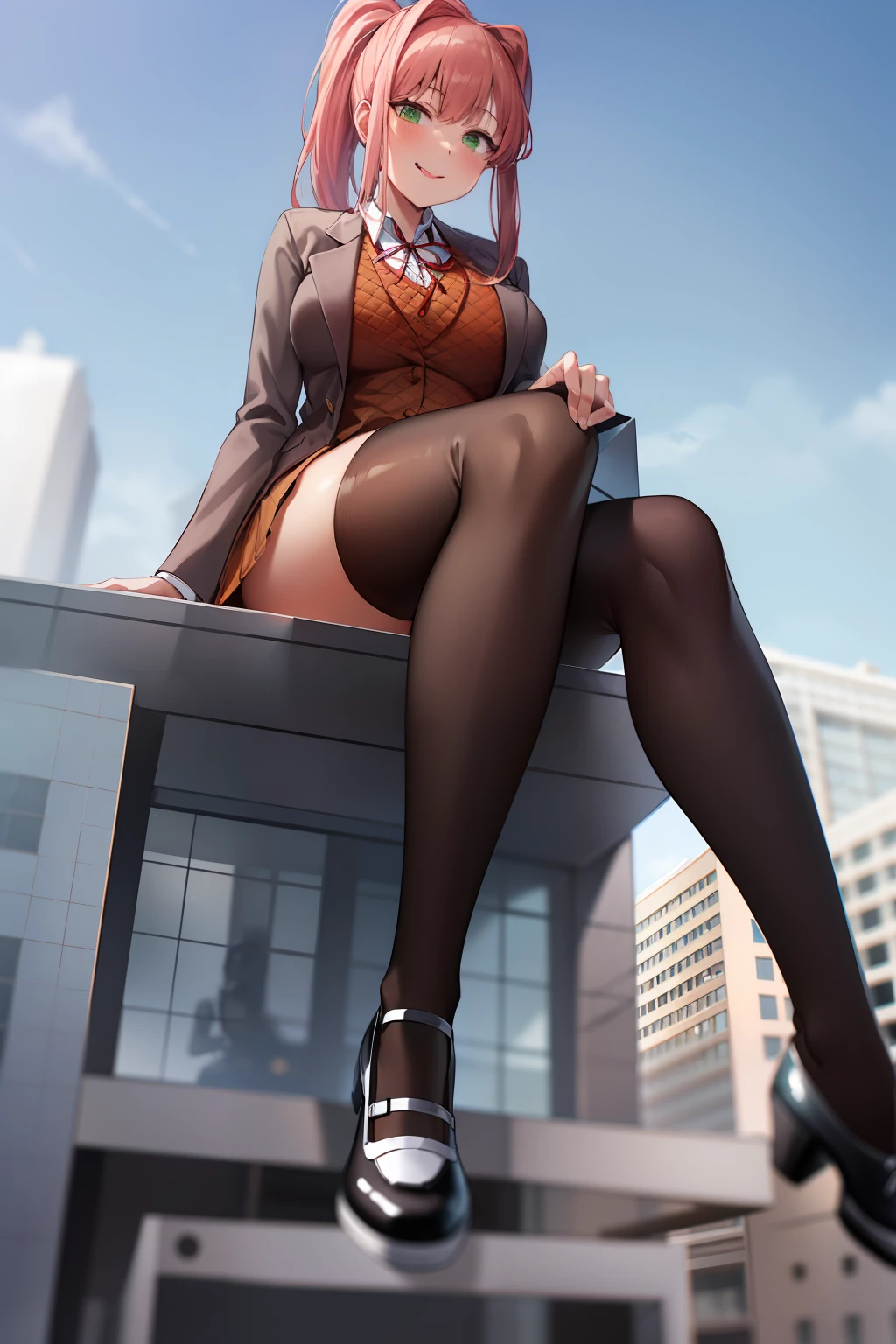 2d, masterpiece, best quality, anime, highly detailed, 1girl, solo, monika, green eyes, very long hair, ponytail, school uniform, straight-on, smile, (full body:1.5), giantess, smile, (from below:1.5), thick thighs, looking down at viewer, upskirt, (large breasts:1.3), field, (looming:1.3), mature female, high quality, hd quality, masterpiece, photorealistic, shoe soles, close-up foot, intense angle, :d, (sitting on building:1.6), very low angle, female pervert, toragao, crossed legs, closed mouth, (licking lips, licking own lips:1.1), (sitting:1.5), (white undershirt, orange sweater:1.2), (brown jacket:1.4), (absolute territory, black thighhighs:1.4), (uwabaki:1.5), full body in frame,