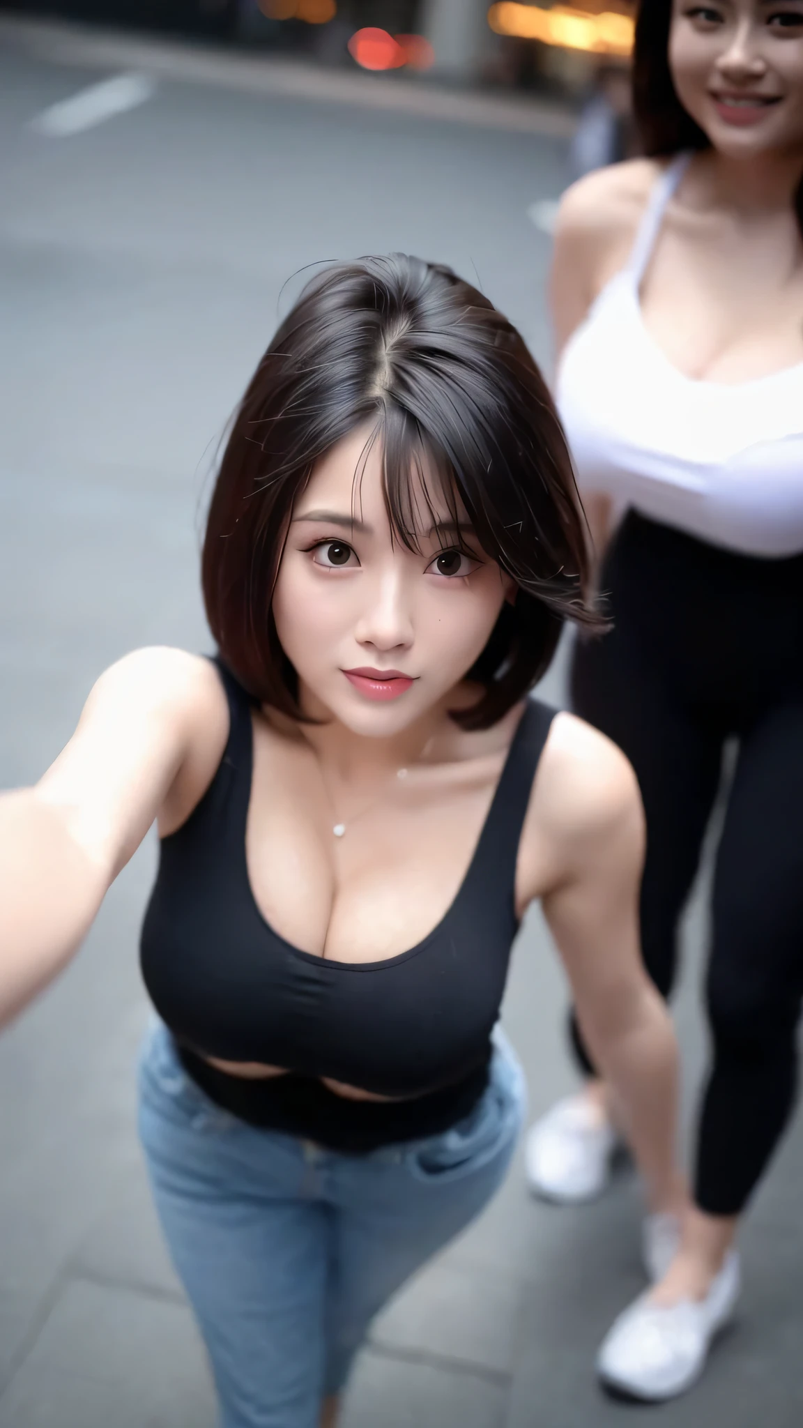 (Best quality, 8k, 32k, Masterpiece, UHD:1.2),Photo of Pretty woman,black short hair,beauty face,(leaning forward:1.3),squatting,(from above:1.2),(close up:1.4),pov, very loose over size t-shirt, large breasts, showing cleavage,(beautiful nipple slip:0.9),outdoors,windy,shiny skin,blurry background,