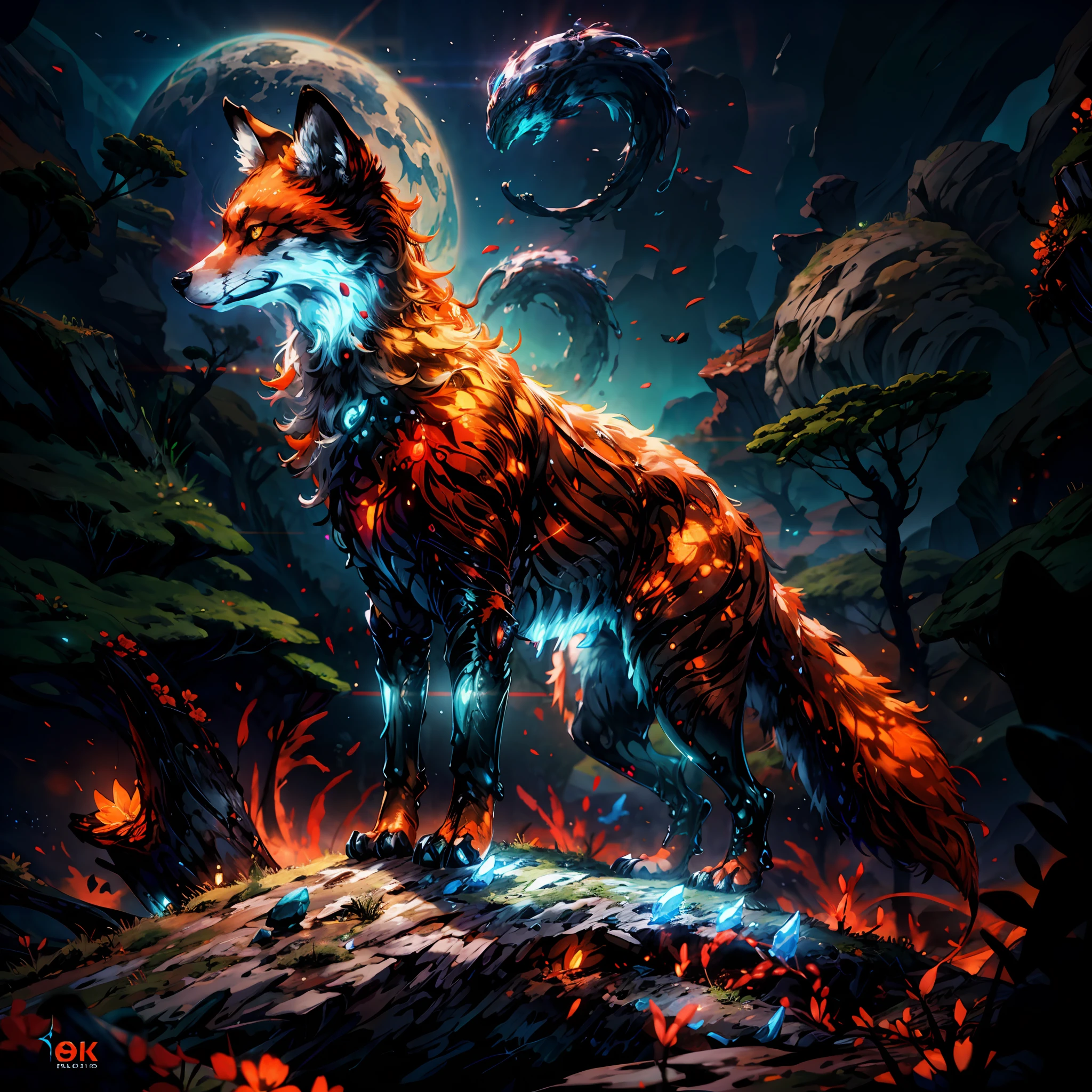 close shot of a mythical colorful fox,detailed colorful tail, ((shiny orange and white fur)), detailed tail, detailed fur, the fox is standing in an alien field, looking at the distance with the glowing eyes, orange white skin, crystal,,focus, alien landscape background .BREAK,Detailed realistic,4k highly detailed digital art,octane render, bioluminescent, BREAK 8K resolution concept art, realism,by Mappa studios,masterpiece,best quality,official art,illustration,ligne claire,(cool_color),perfect composition,absurdres, fantasy,focused,rule of thirds,