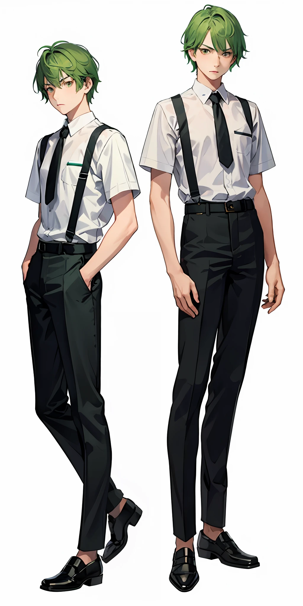 semi-realistic,1boy,school clothes,white background,green hair,serious,full body
