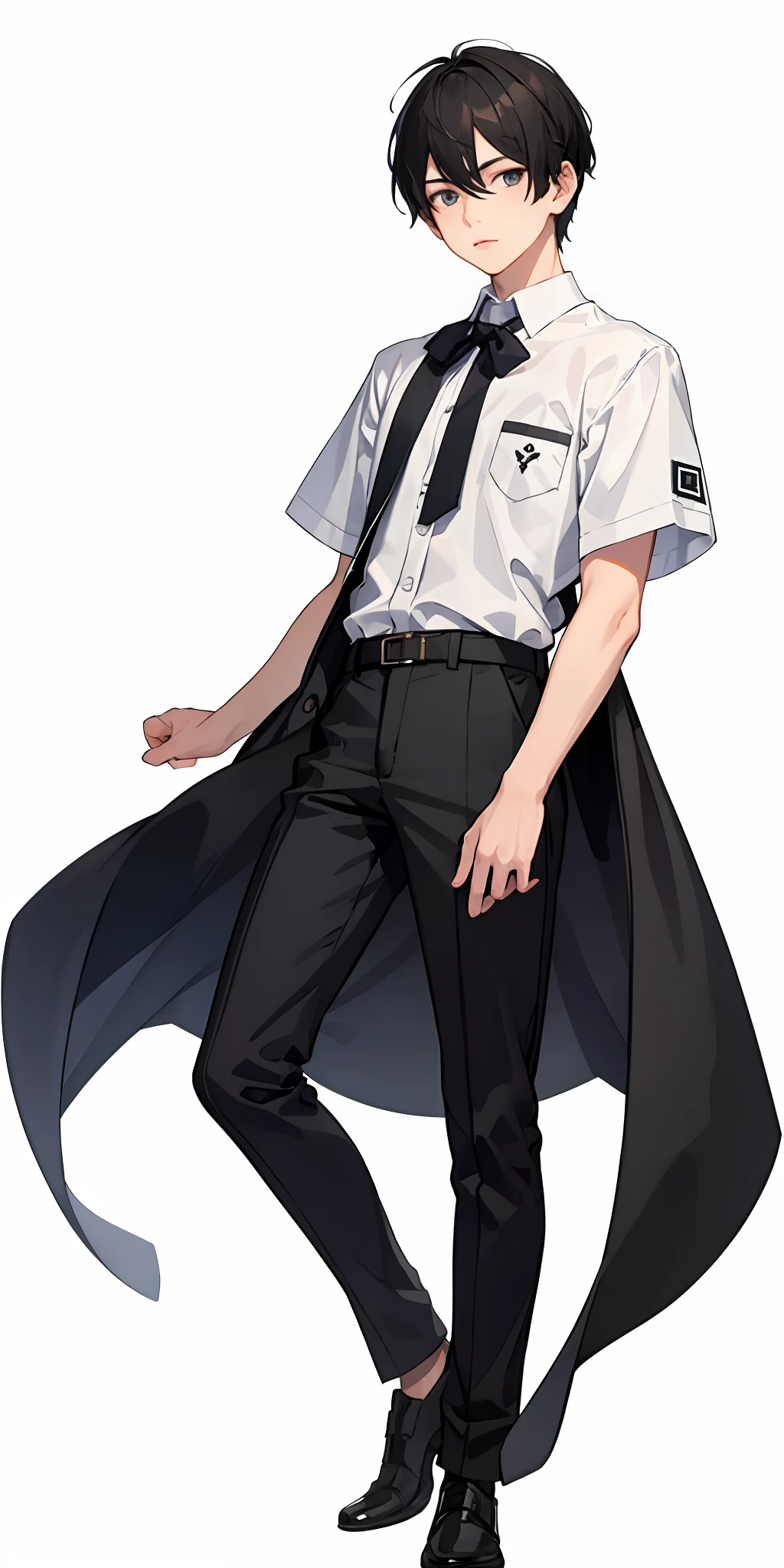 Semi-realistic,1boy,school clothes,white background,black hair,full body
