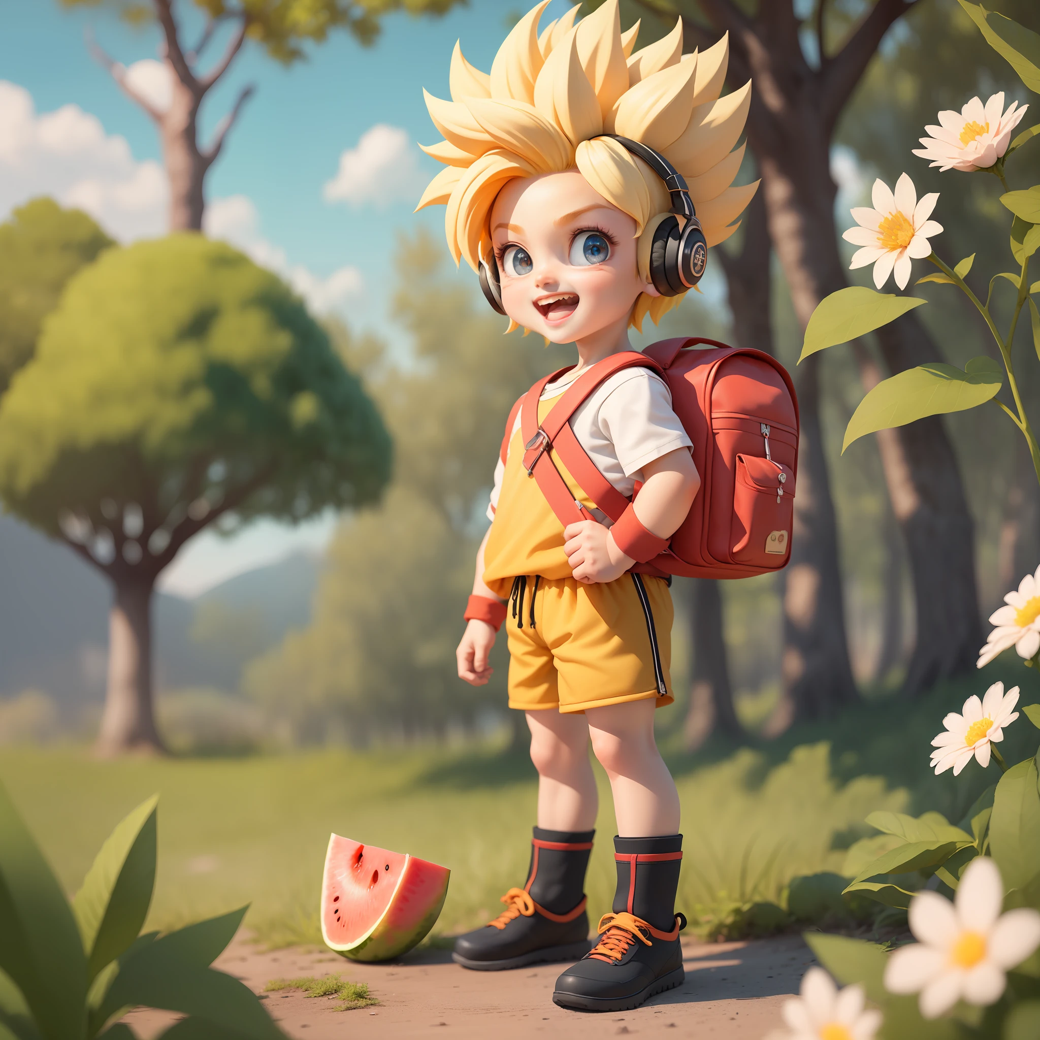 (Daisaku), (Excellent), (Super Detailed), (Full Body: 1.2), (1boy, 5 years old, Monkey King, Super Saiyan, Shorts, Short sleeves, Small backpack, cute, smile, open mouth,) Flower, outdoors, drink Coca-Cola, hold watermelon, with headphones, music, tree, boy short hair, barbed short hair, blonde hair, long sleeves, short hair, (beautiful and delicate face), (beautiful and delicate eyes), (only one boy, no second person)