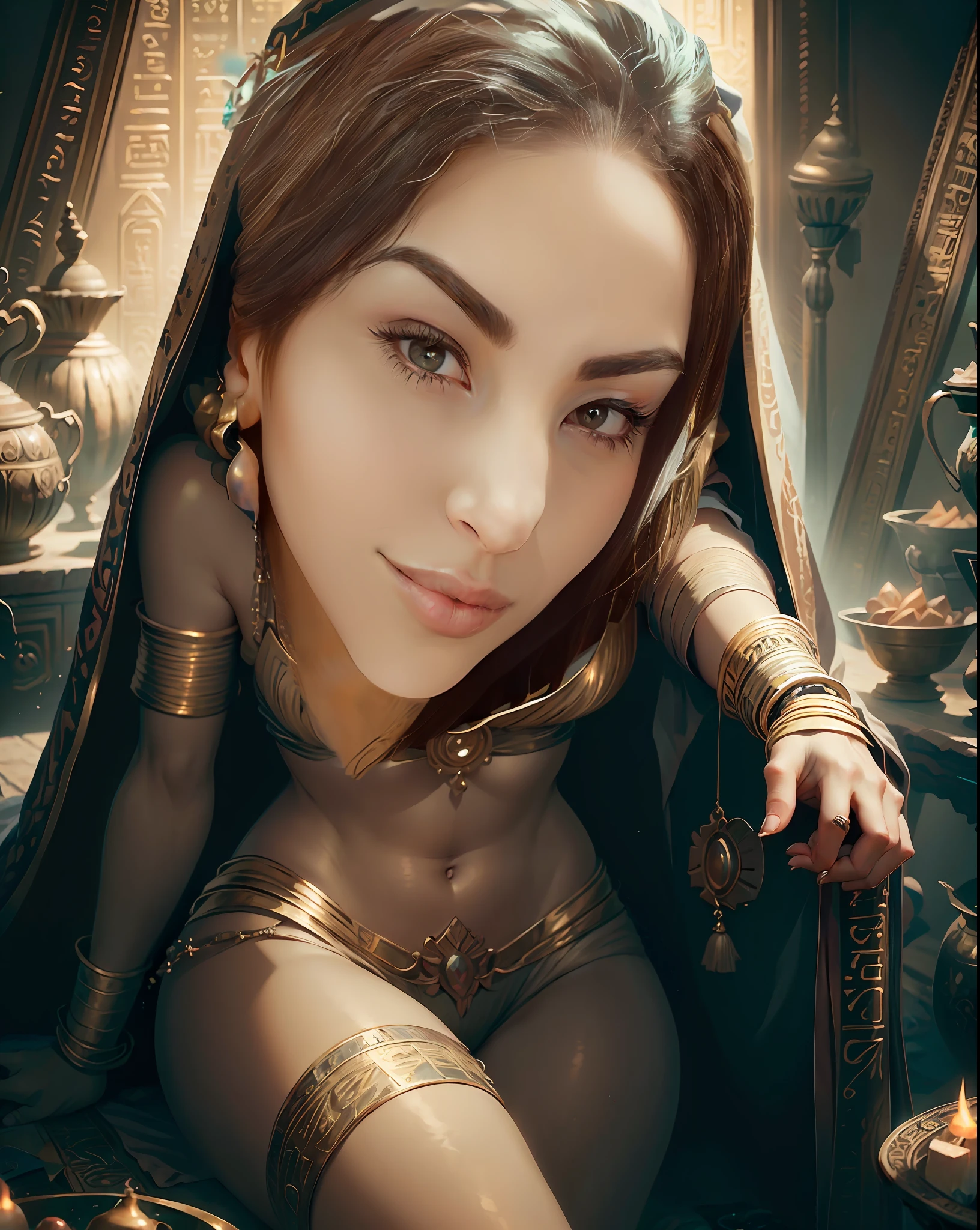 (in perspective) a gorgeous, sexy, sexy, hot, perfect 23-year-old straight hair, long toe-to-toe and loose, silky golden skin (oily lighting), fleshy lips, Egyptian headscarf, jewelry and bracelets (photorealistic:photorealistic, 8k masterpiece), with a gold and white plunging Egyptian garb, black canvas ((black background)), (hyperrealistic:realistic intricate details), smiling: sensual feature, (texture and environment well detailed, pure perfect lighting).