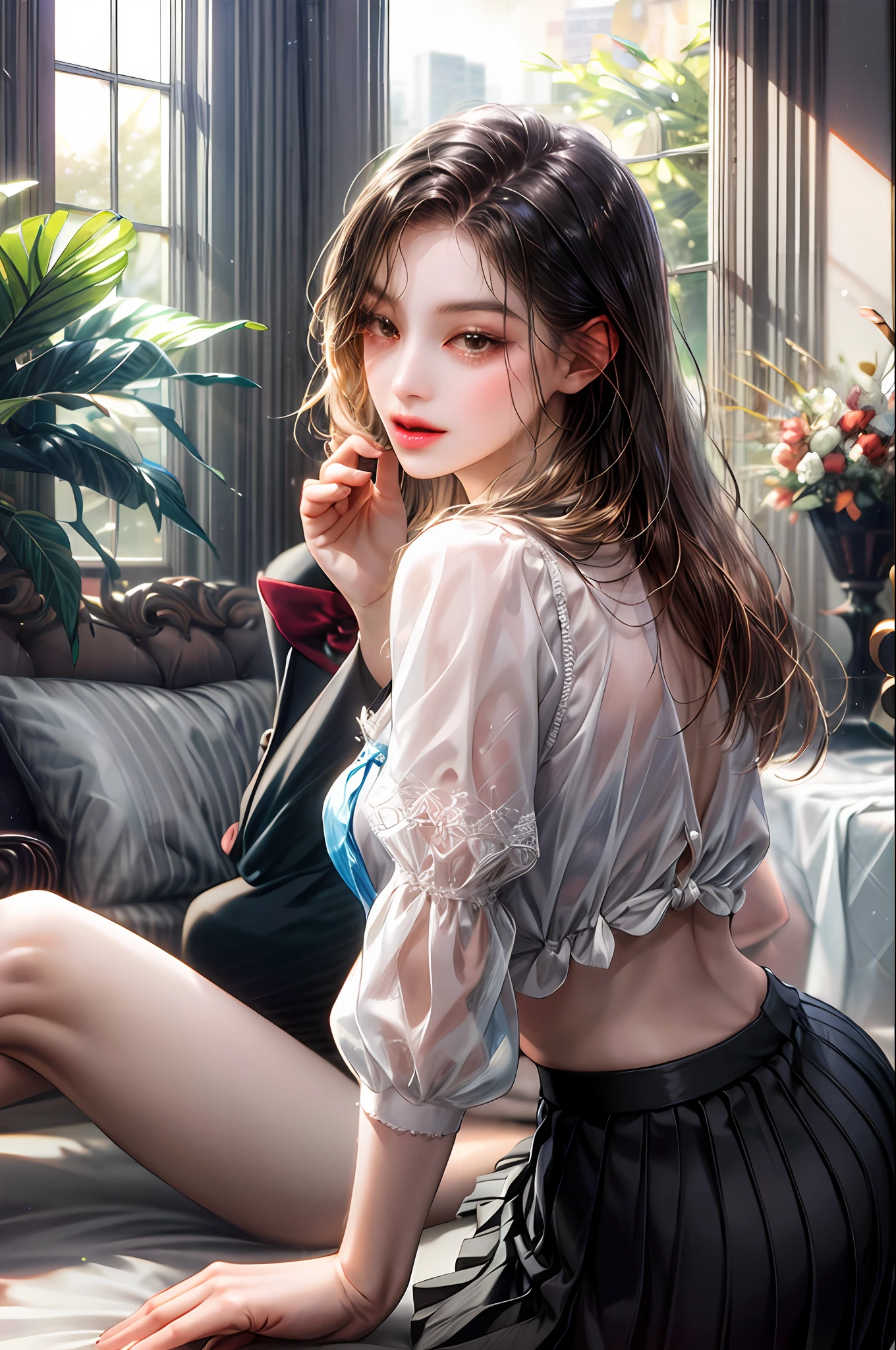 Girl with long straight black hair and brown eyes, beautiful, thin, flat, tall, girl with long straight black hair and brown eyes wearing businessman uniform, beautiful, thin, flat, tall, may be wearing businessman uniform, one with long hair, the other short woman, ((white sheer blouse, no black mini skirt)), underwear bite, sexy pose, Slender lower body, back view, gaze by the window, buttocks sticking out, on all fours, buttocks facing away, provocative