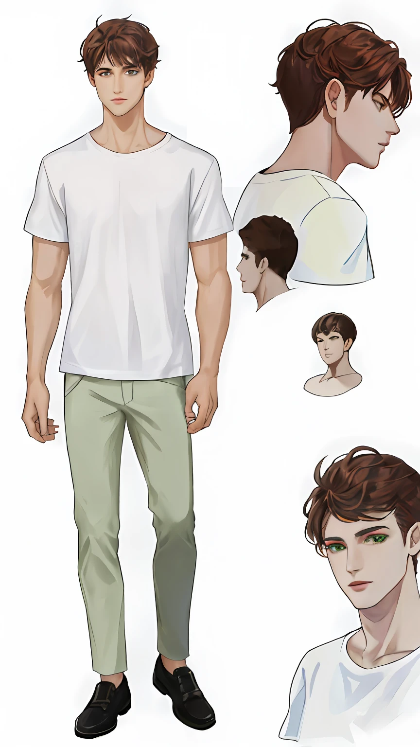 Master piece, high quality, 8k) (full body) (same character front, back, side view) (model sheet) (multiple views of the same character) . 8k, (RAW photo, best quality), beautiful detailed green eyes, extremely detailed eyes and face, perfect anatomy, an extremely delicate and beautiful face, short bob style red hair, extremely manly and masculine, extremely detailed,beautiful, short hair, dark brown hair, thin eye and detailed face, ((loose white t-shirt)),, (pale white skin)casual clothes, big shirt, modern urban street