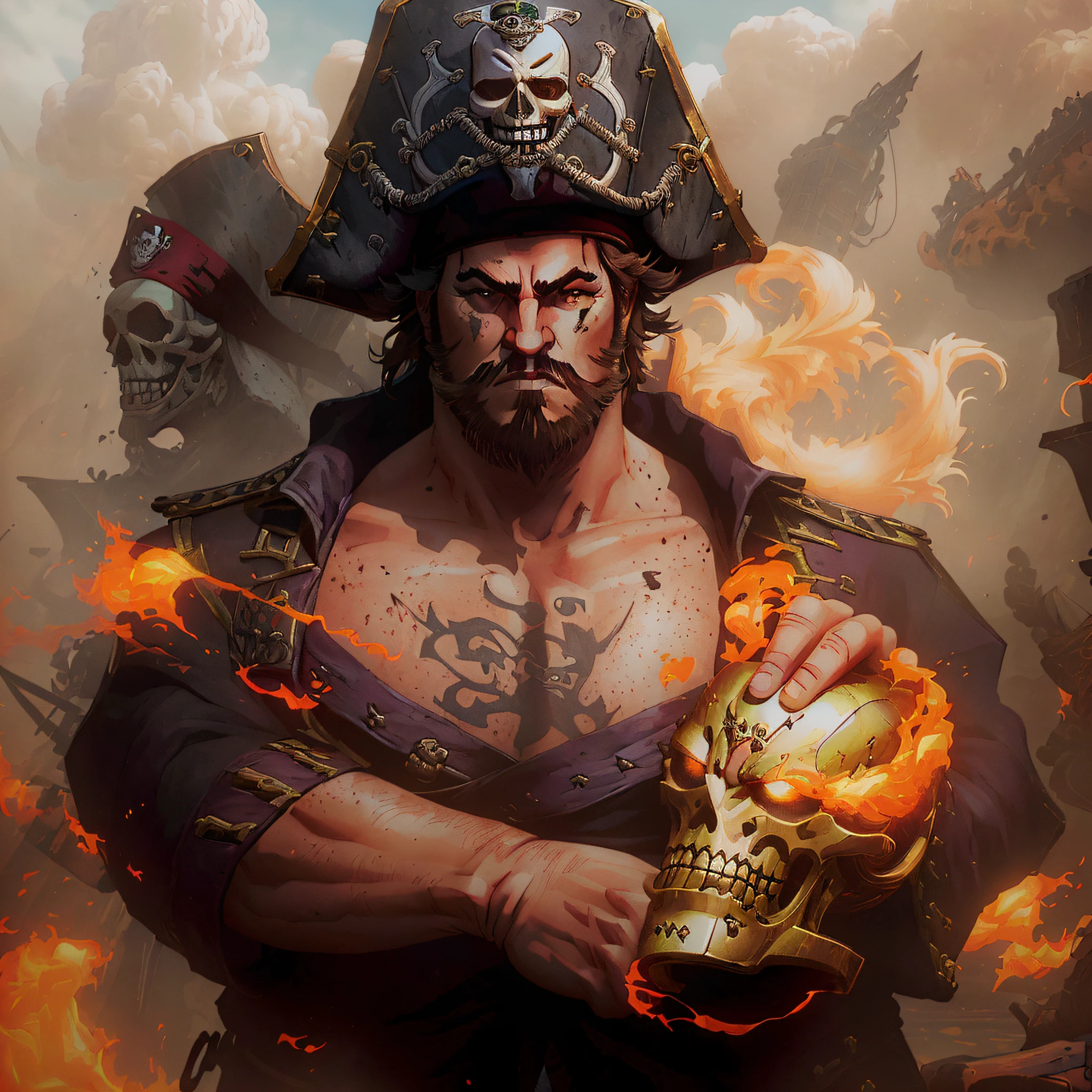 brown open eyes ,Fat beard pirate captain, pirate class swashbuckler, pirate, by Aleksi Briclot, a pirate, king of pirates, epic portrait illustration, 4k fantasy art, by Arthur Pan