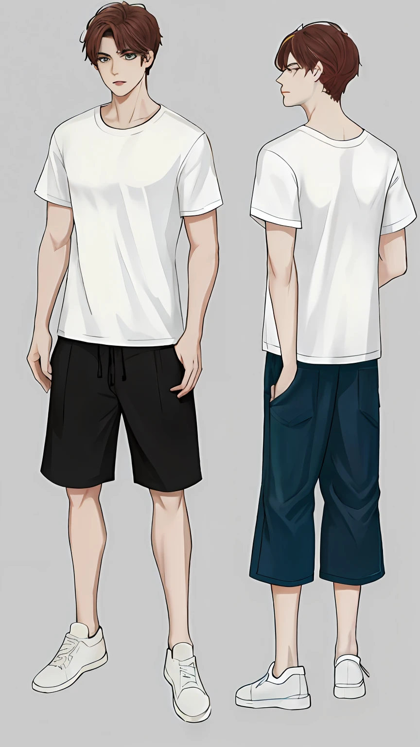 Master piece, high quality, 8k) (full body) (same character front, back, side view) (model sheet) (multiple views of the same character) . 8k, (RAW photo, best quality), beautiful detailed green eyes, extremely detailed eyes and face, perfect anatomy, an extremely delicate and beautiful face, short bob style red hair, extremely manly and masculine, extremely detailed,beautiful, short hair, dark brown hair, thin eye and detailed face, ((loose white t-shirt)),, (pale white skin)casual clothes, big shirt, modern urban street