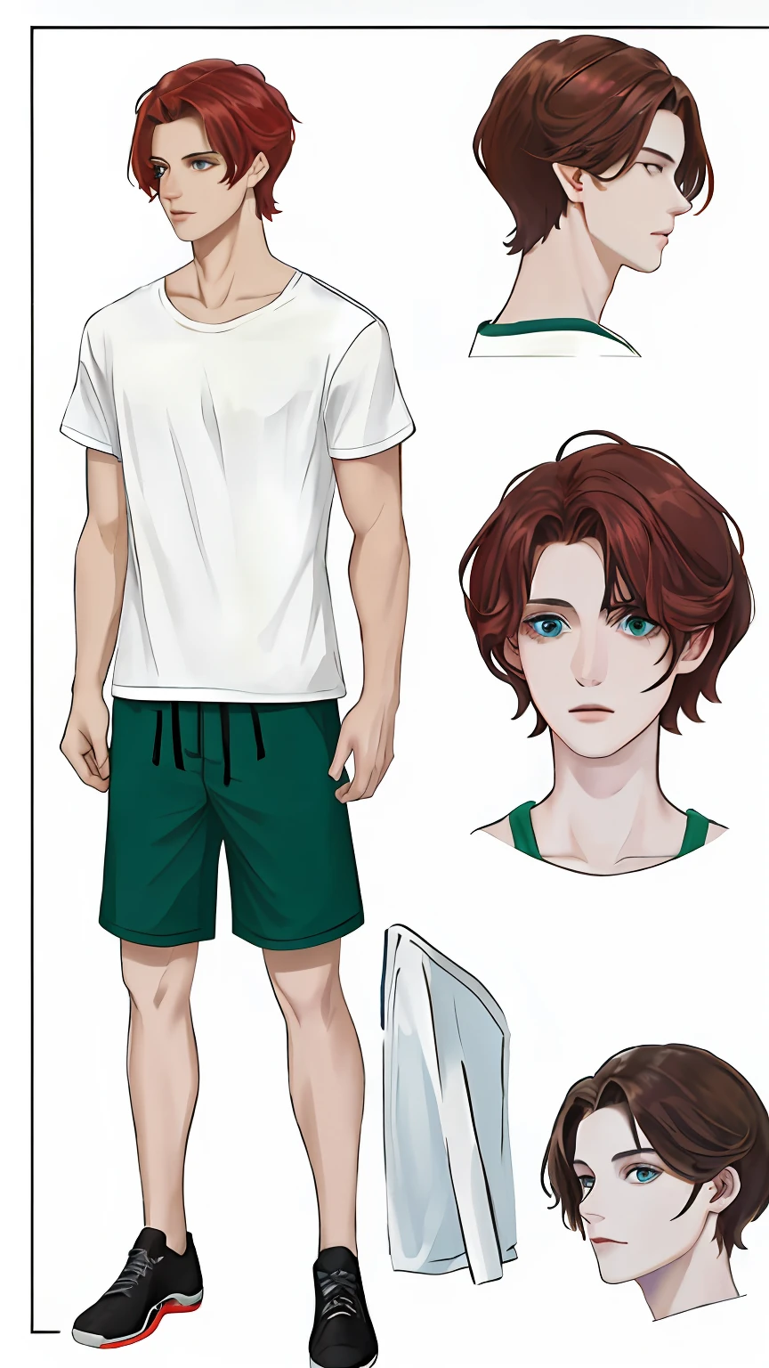 Master piece, high quality, 8k) (full body) (same character front, back, side view) (model sheet) (multiple views of the same character) . 8k, (RAW photo, best quality), beautiful detailed green eyes, extremely detailed eyes and face, perfect anatomy, an extremely delicate and beautiful face, short bob style red hair, extremely manly and masculine, extremely detailed,beautiful, short hair, dark brown hair, thin eye and detailed face, ((loose white t-shirt)),, (pale white skin)casual clothes, big shirt, modern urban street