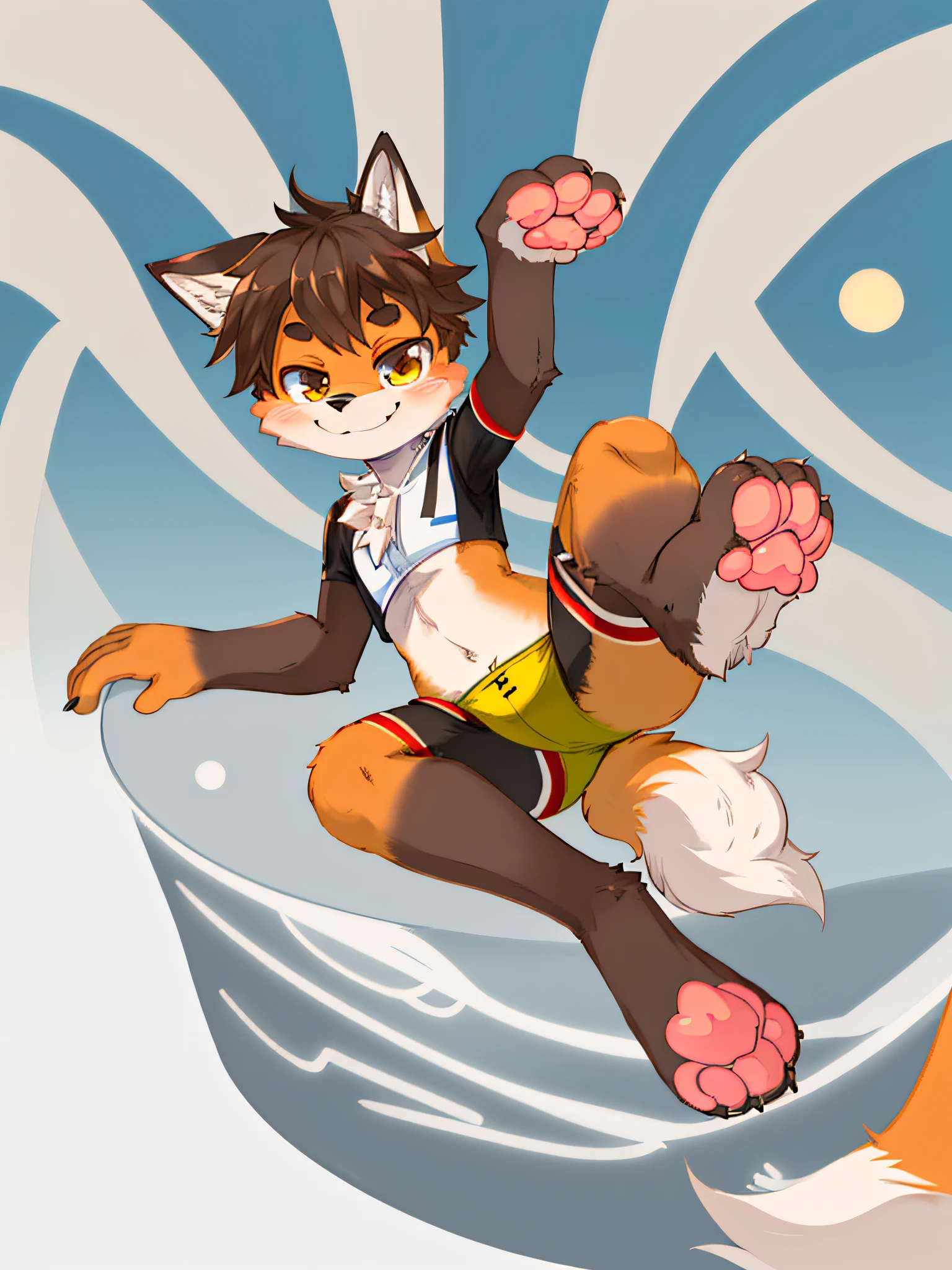 Furry male, furry boy, super cute face, smile, showing paws, flesh pad fox, solo, young